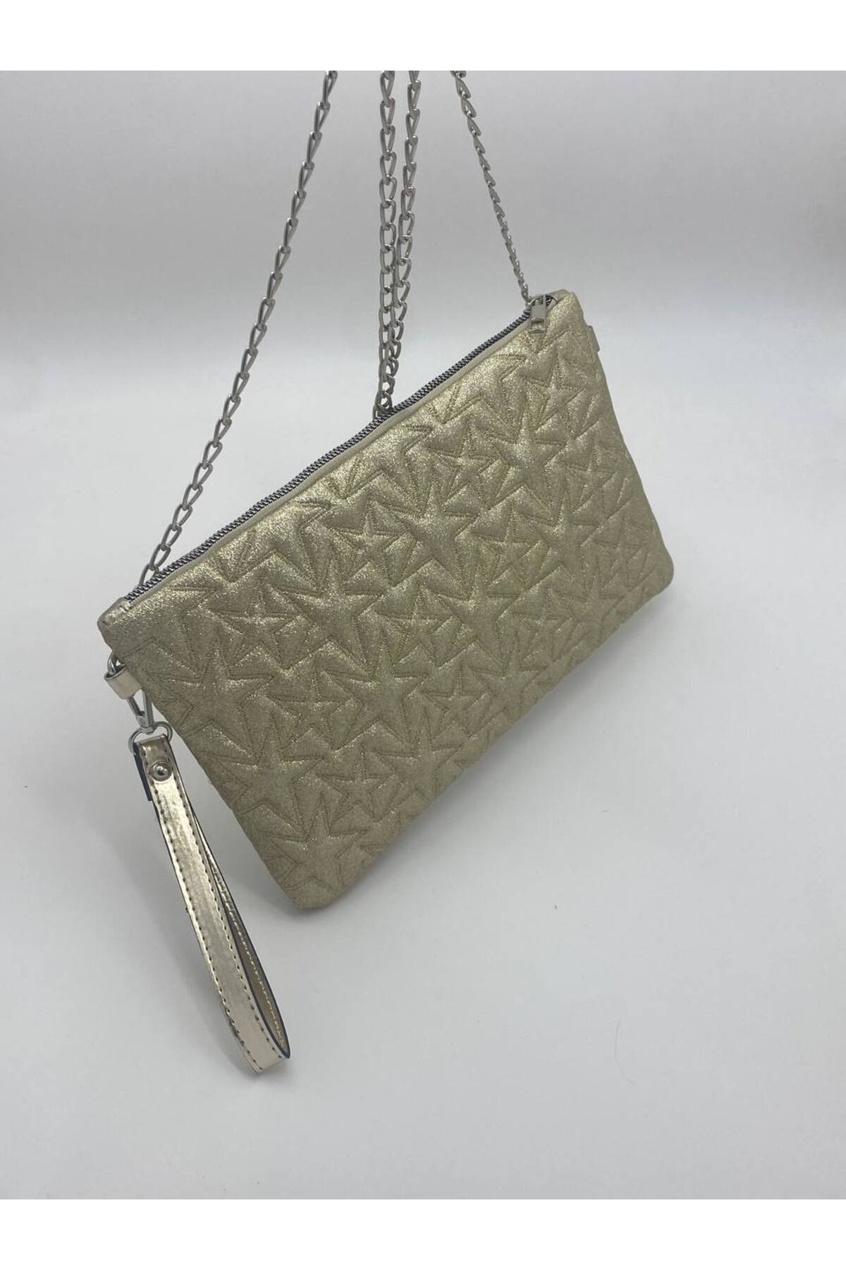 Altın Yıldız Desenli Portföy & Clutch Kadın Çantası Çıkaralabilir Bilek Askılı 30 x 19 cm görünüm 5