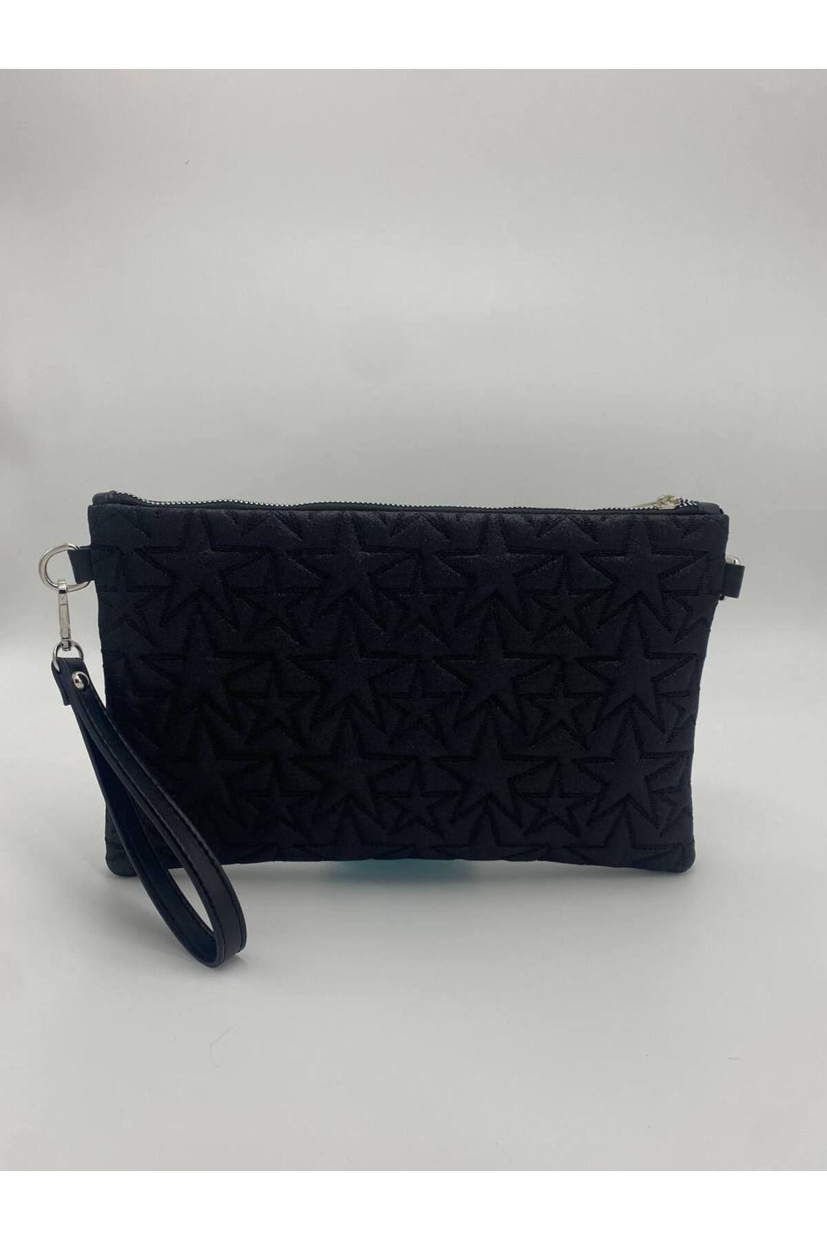 Siyah Yıldız Desenli Portföy & Clutch Kadın Çantası Çıkaralabilir Bilek Askılı 30 x 19 cm görünüm 2