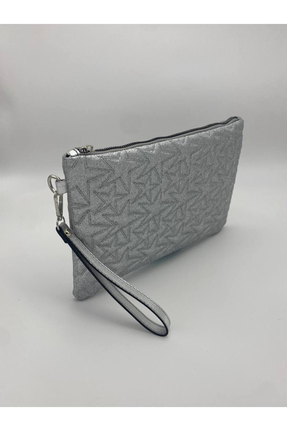 Gümüş Yıldız Desenli Portföy & Clutch Kadın Çantası Çıkaralabilir Bilek Askılı 30 x 19 cm görünüm 2