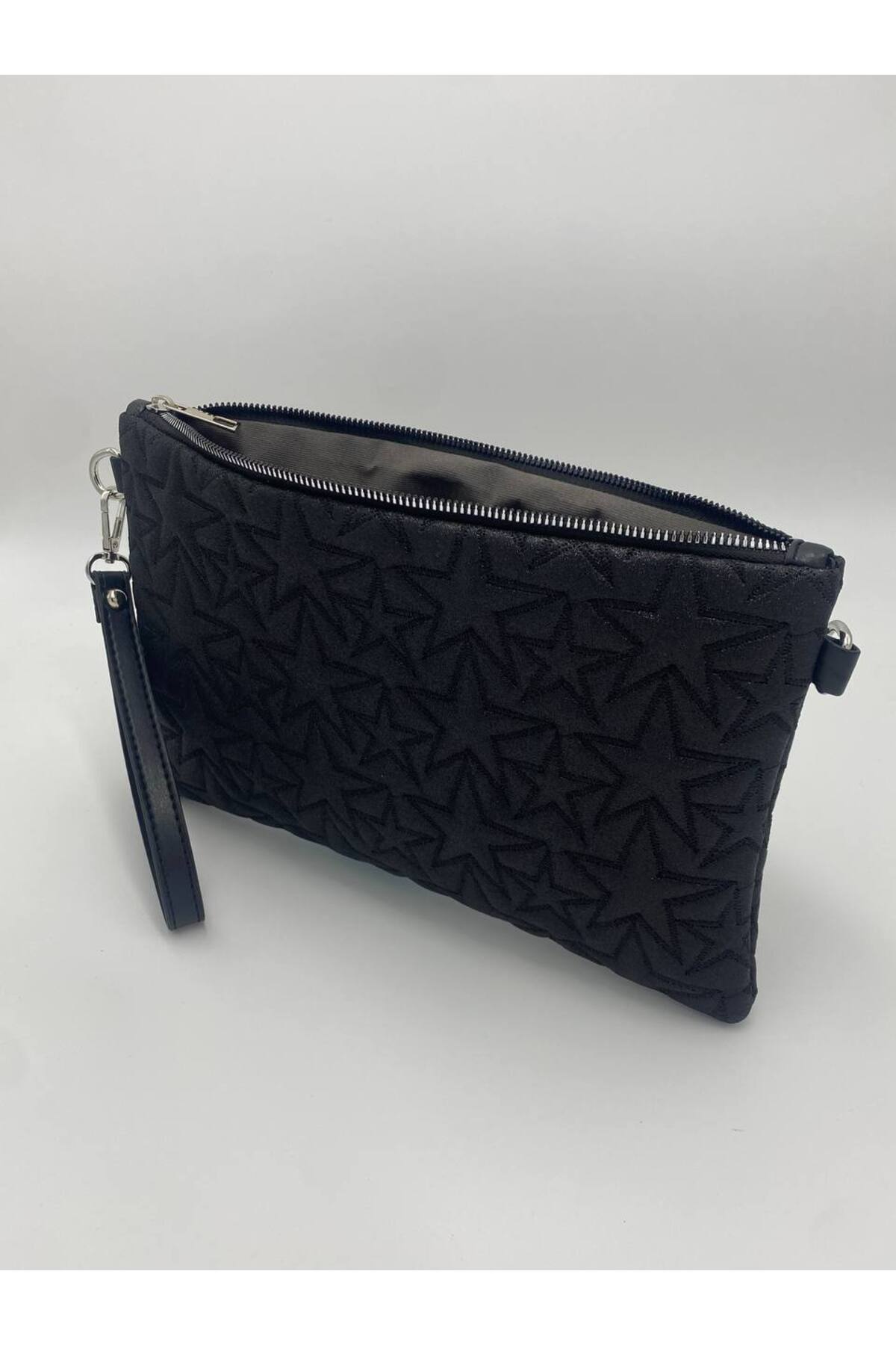 Siyah Yıldız Desenli Portföy & Clutch Kadın Çantası Çıkaralabilir Bilek Askılı 30 x 19 cm görünüm 4