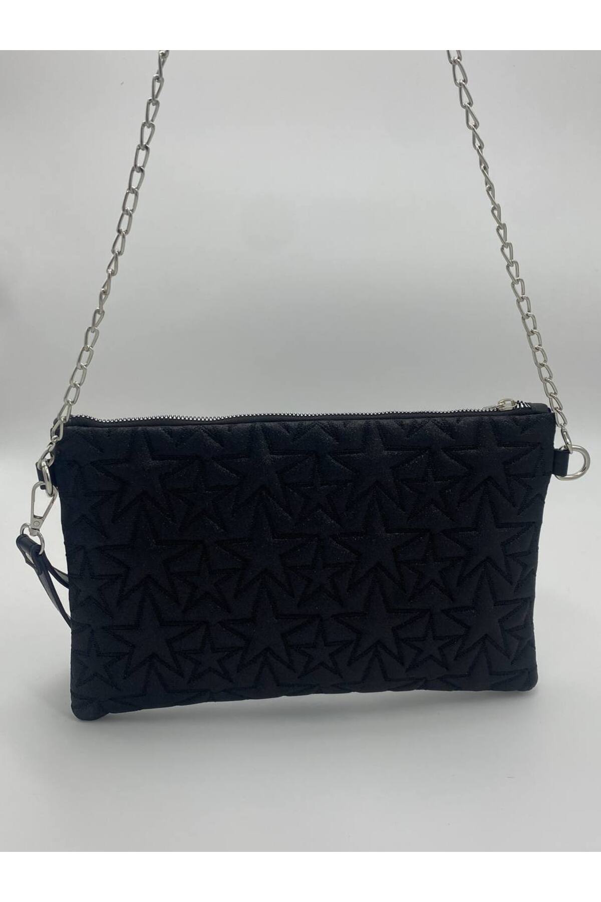 Siyah Yıldız Desenli Portföy & Clutch Kadın Çantası Çıkaralabilir Bilek Askılı 30 x 19 cm görünüm 5