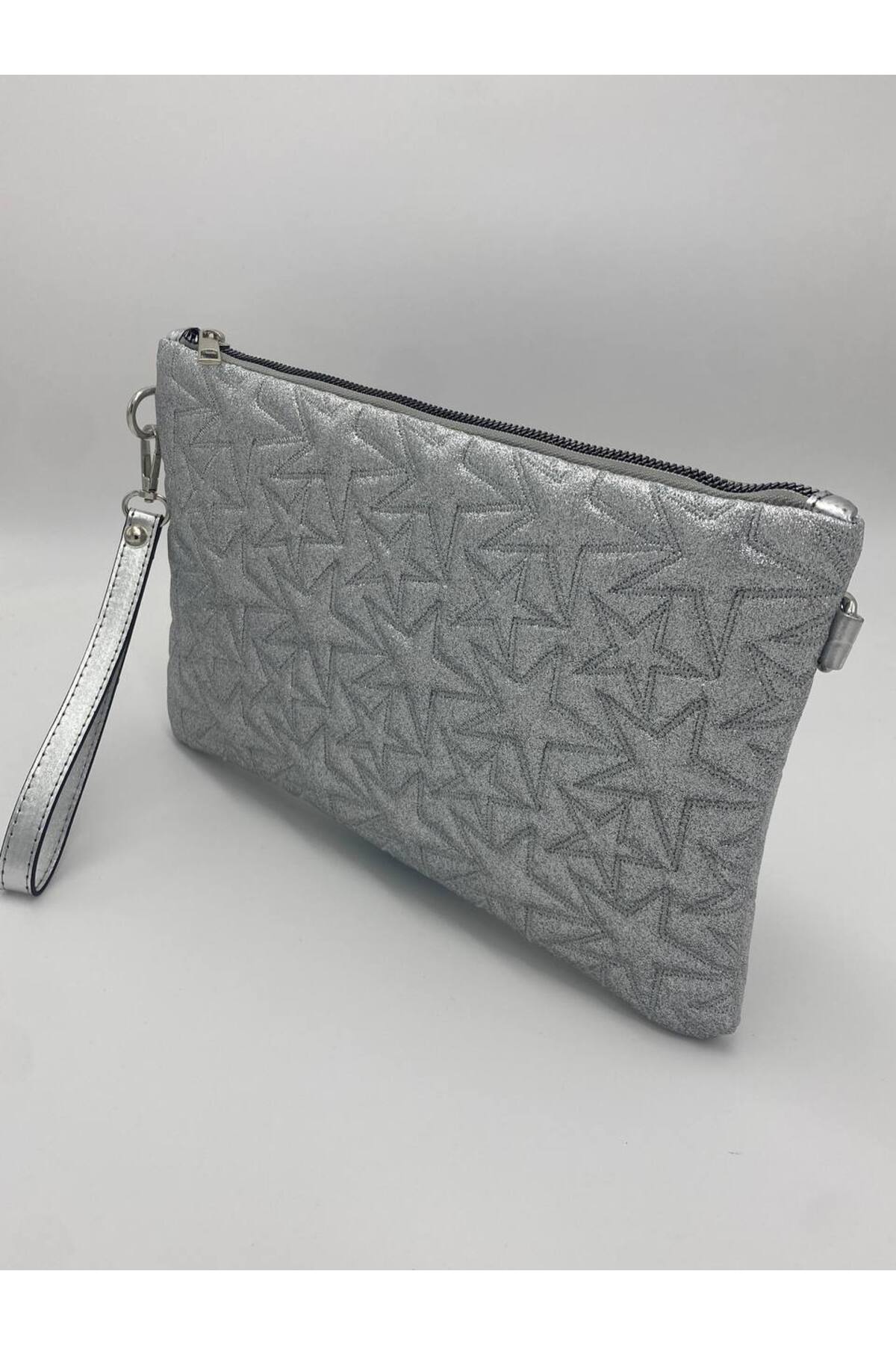 Gümüş Yıldız Desenli Portföy & Clutch Kadın Çantası Çıkaralabilir Bilek Askılı 30 x 19 cm görünüm 4