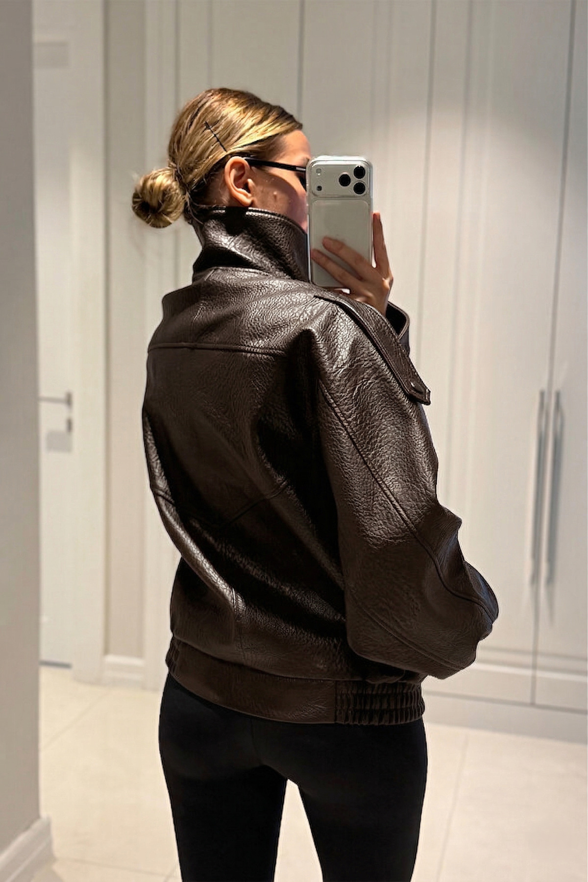 MANMARK  Viral Oversize Kadın Deri Ceket Yüksek Yaka Acıkahve Urban Style Kadın Deri Ceket - Görsel 4