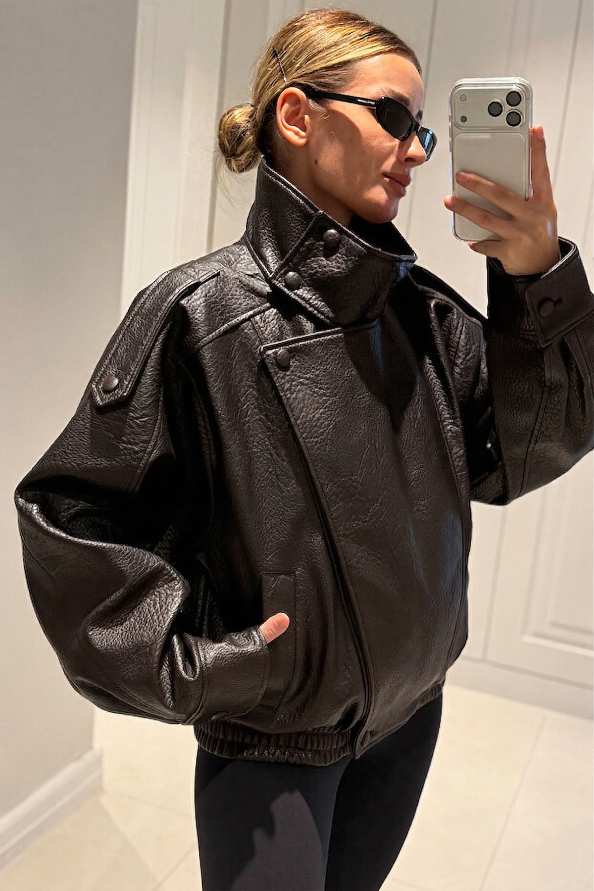 MANMARK  Viral Oversize Kadın Deri Ceket Yüksek Yaka Acıkahve Urban Style Kadın Deri Ceket - Görsel 2