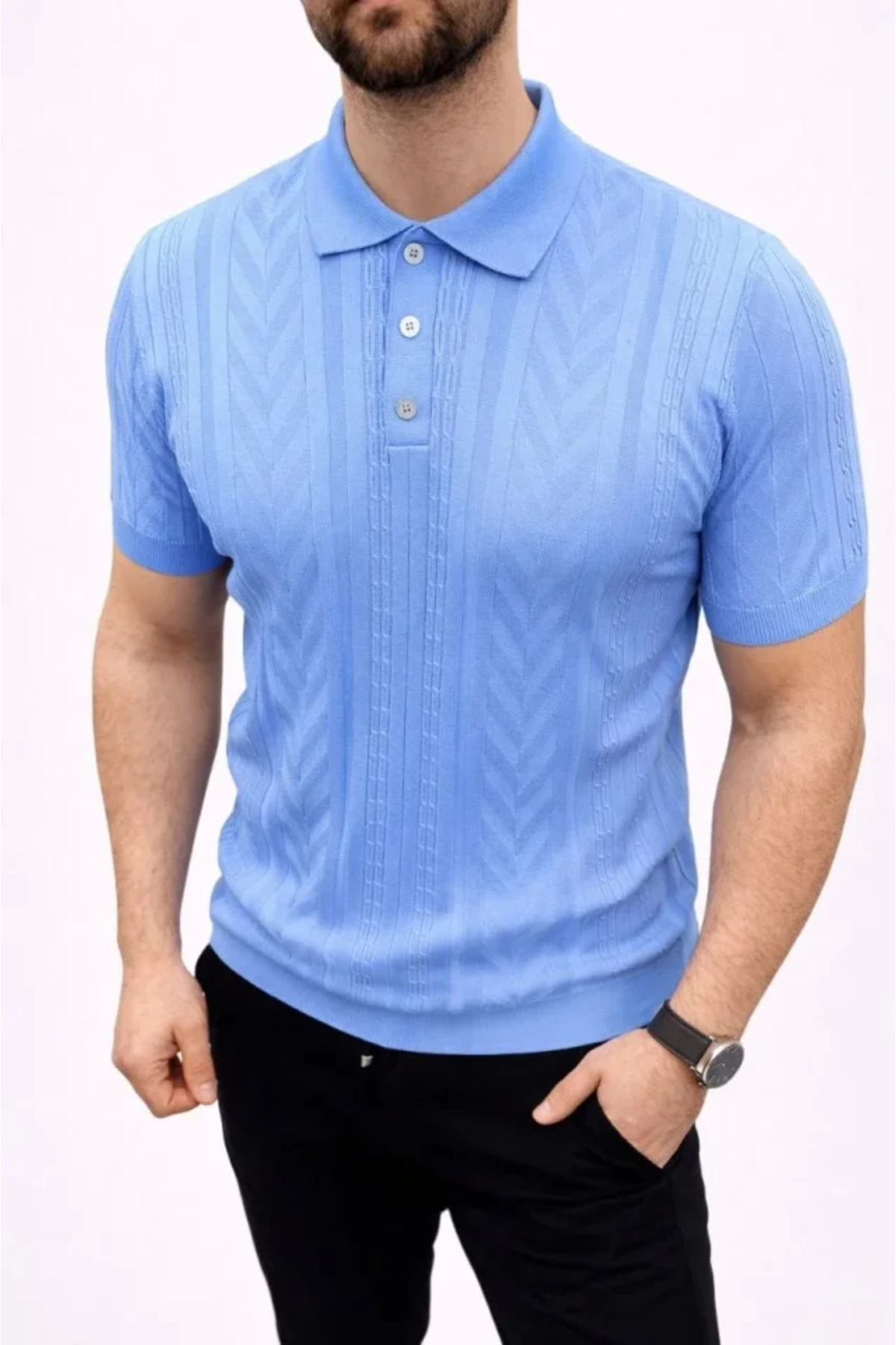 Erkek Yazlık Triko Tişört Kısa Kol Polo Yaka Düğmeli T-Shirt - Bebek Mavisi