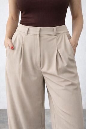 NIGRUM Yüksek Bel Kuşak Detaylı Pileli Kumaş Pantolon Bej