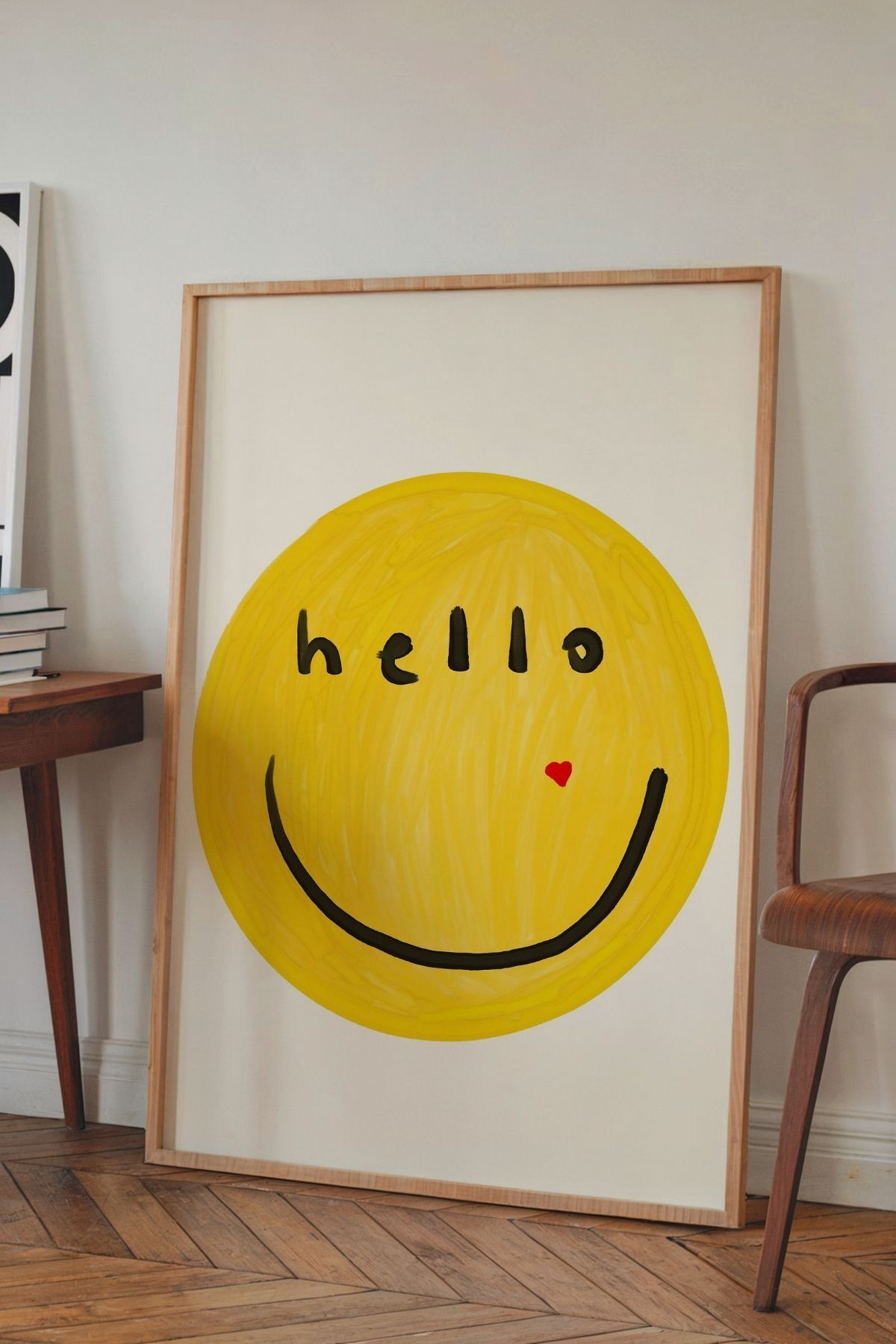 Gülen Yüz Tablo Sarı Minimal Emoji Poster Modern Duvar Dekoru Çerçevesiz
