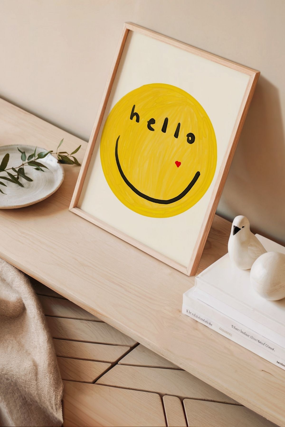 Gülen Yüz Tablo Sarı Minimal Emoji Poster Modern Duvar Dekoru Çerçevesiz