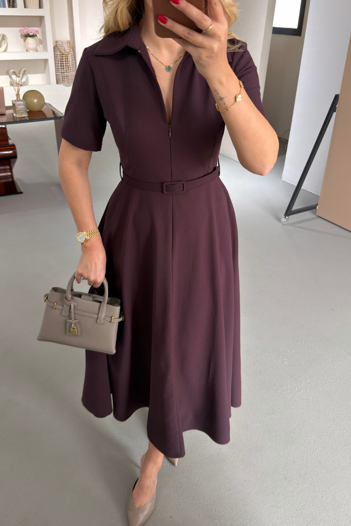 Sezgi Tekin  Kemerli Fermuar Detay Mürdüm Çan Elbise - Görsel 2