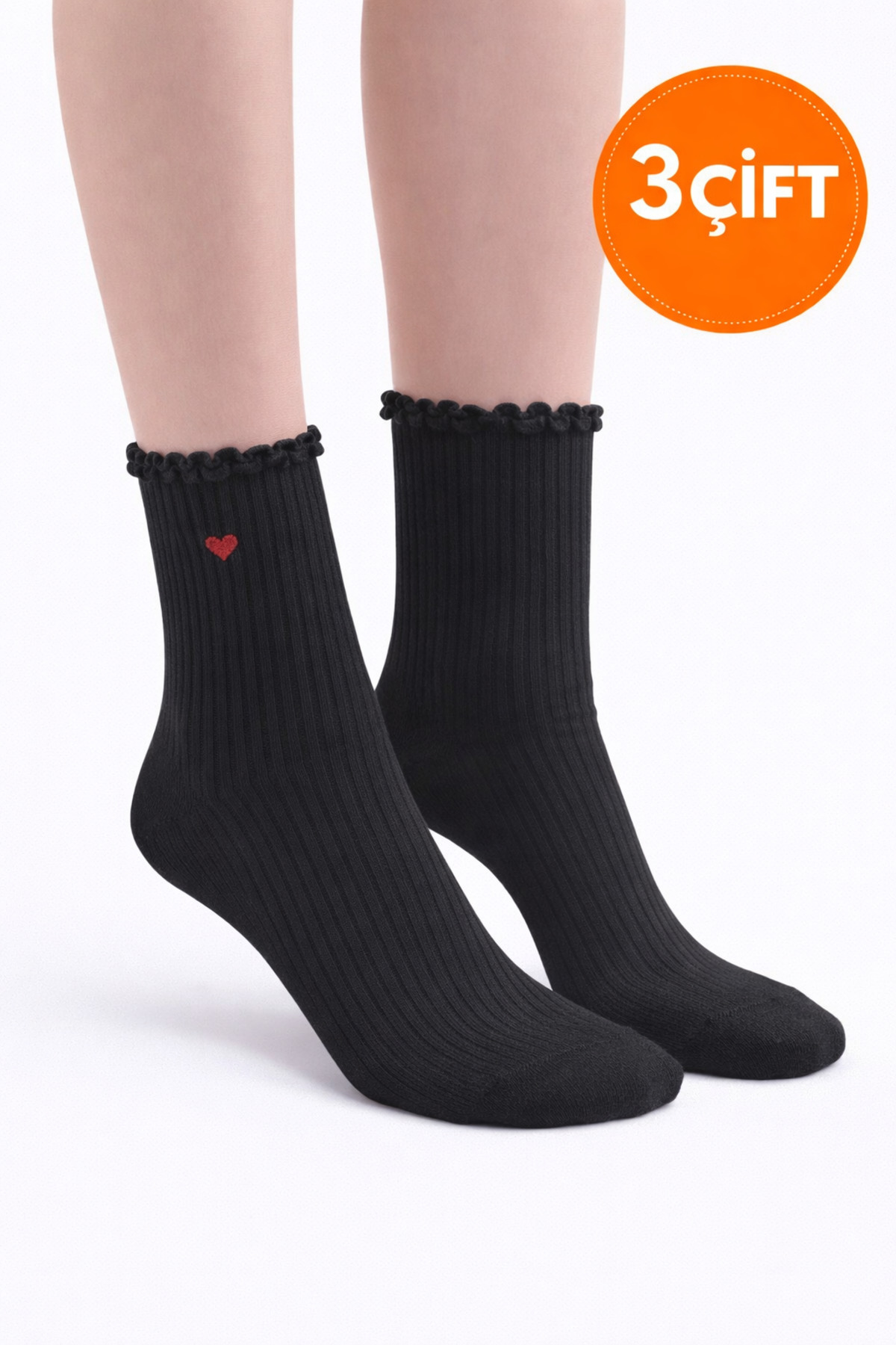 3 Pairs of Black Ruffled Heart Detailed Cotton College Socks with Derby