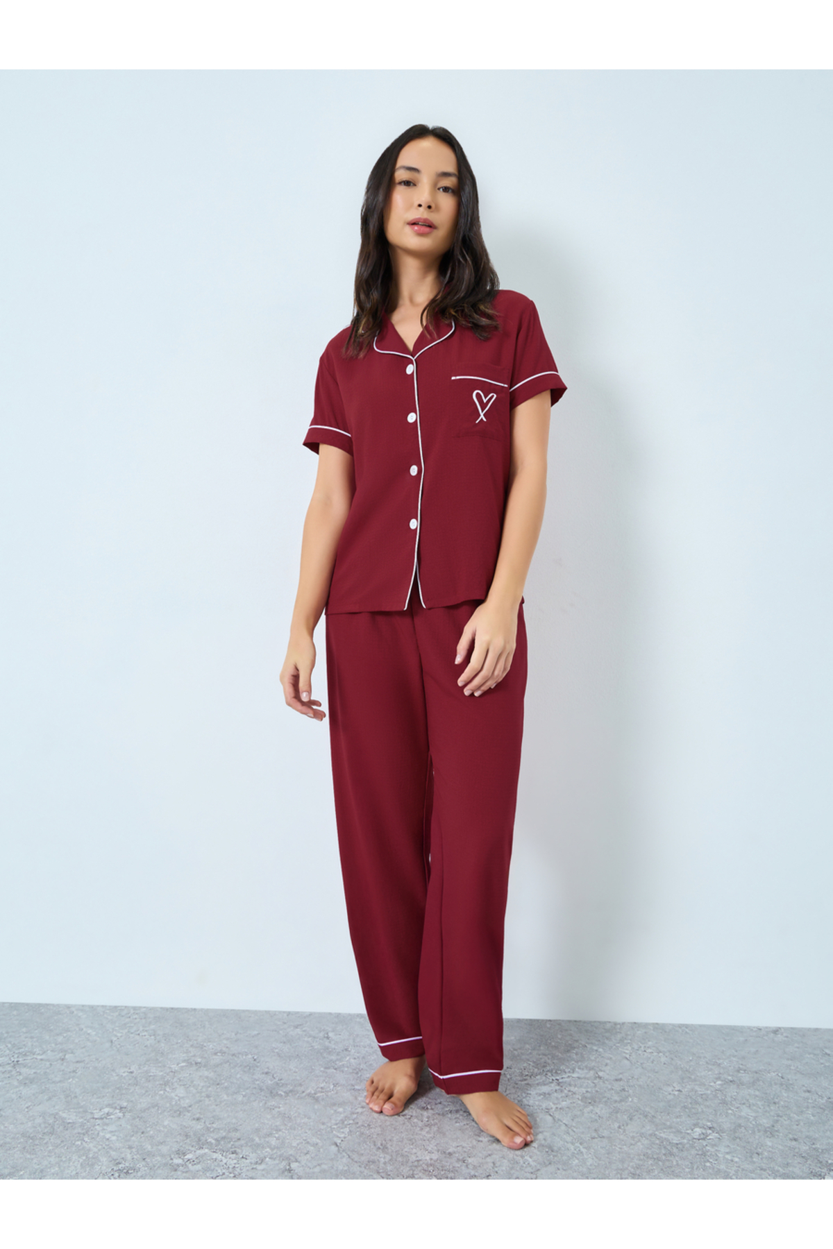 Take Two By Styli Burgundy Heart Pocket Detail Shirt and Pyjama Set