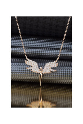 NO BRAND Gold Renk Melek Kanatlı Taşlı Kolye Zirkon Detaylı