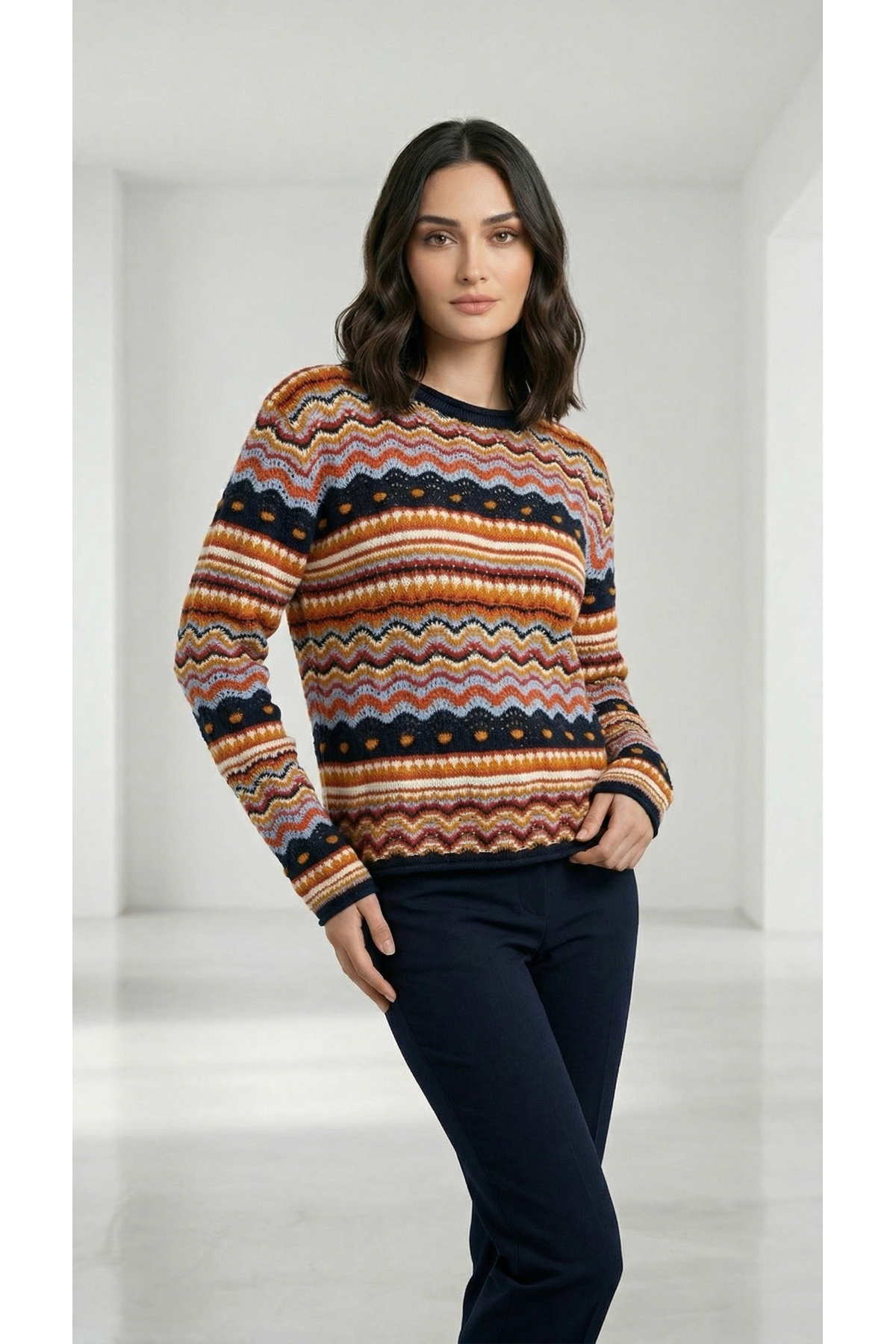 Wearified  Kadın Triko Yazlık Kazak %100 Pamuk Premium Çok Renkli Etnik Desenli Ajurlu Ponponlu Mevsimlik Kazak - Görsel 6