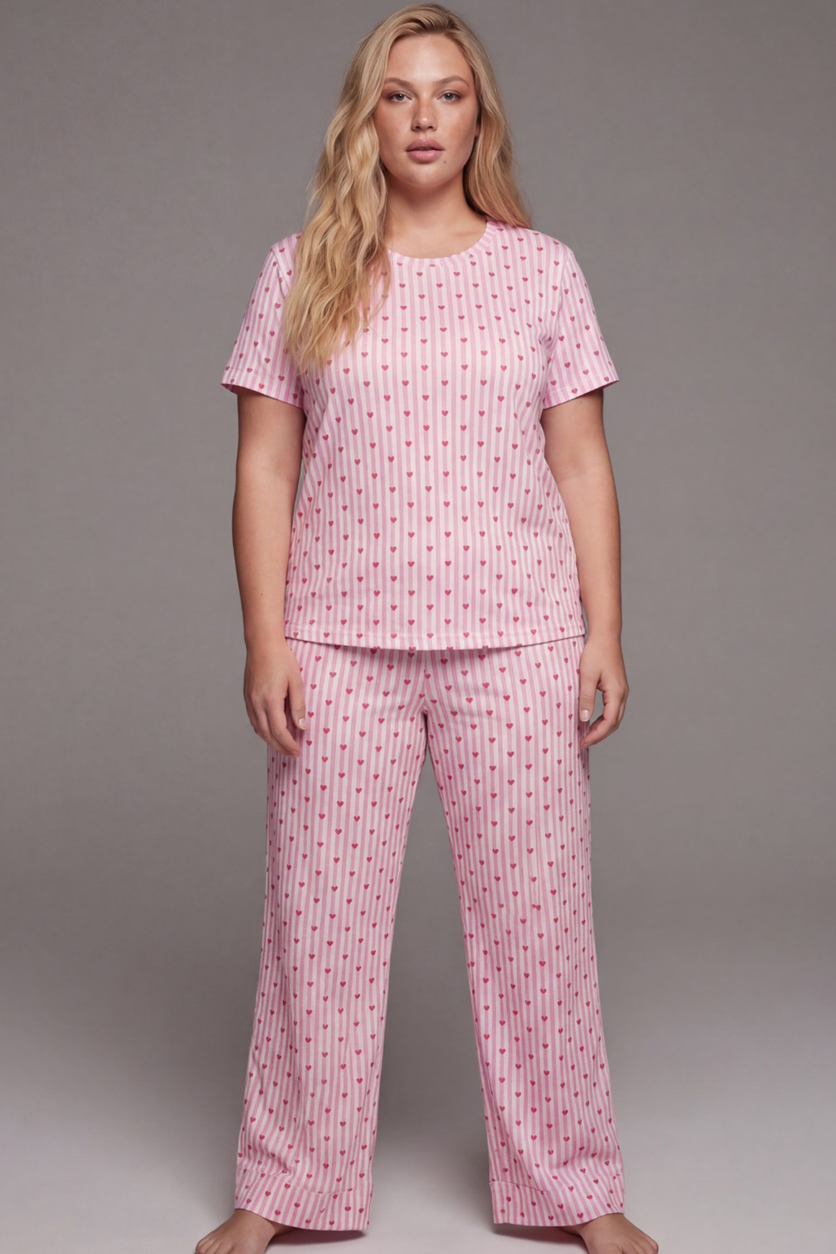 Siyah İnci  pembe beyaz çizgi desenli Büyük Beden Battal mevsimlik İnce Örme Pijama Takım 7614 - Görsel 2