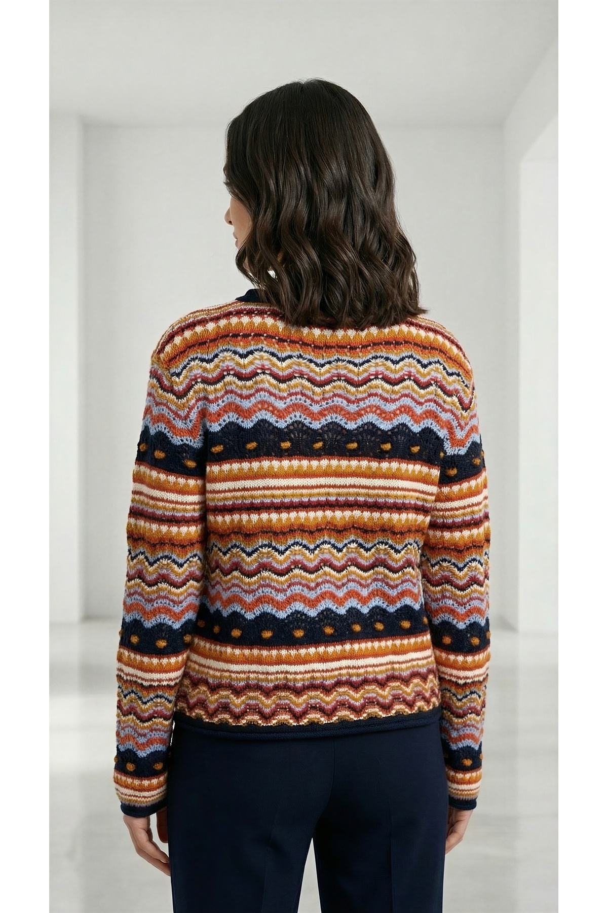 Wearified  Kadın Triko Yazlık Kazak %100 Pamuk Premium Çok Renkli Etnik Desenli Ajurlu Ponponlu Mevsimlik Kazak - Görsel 5