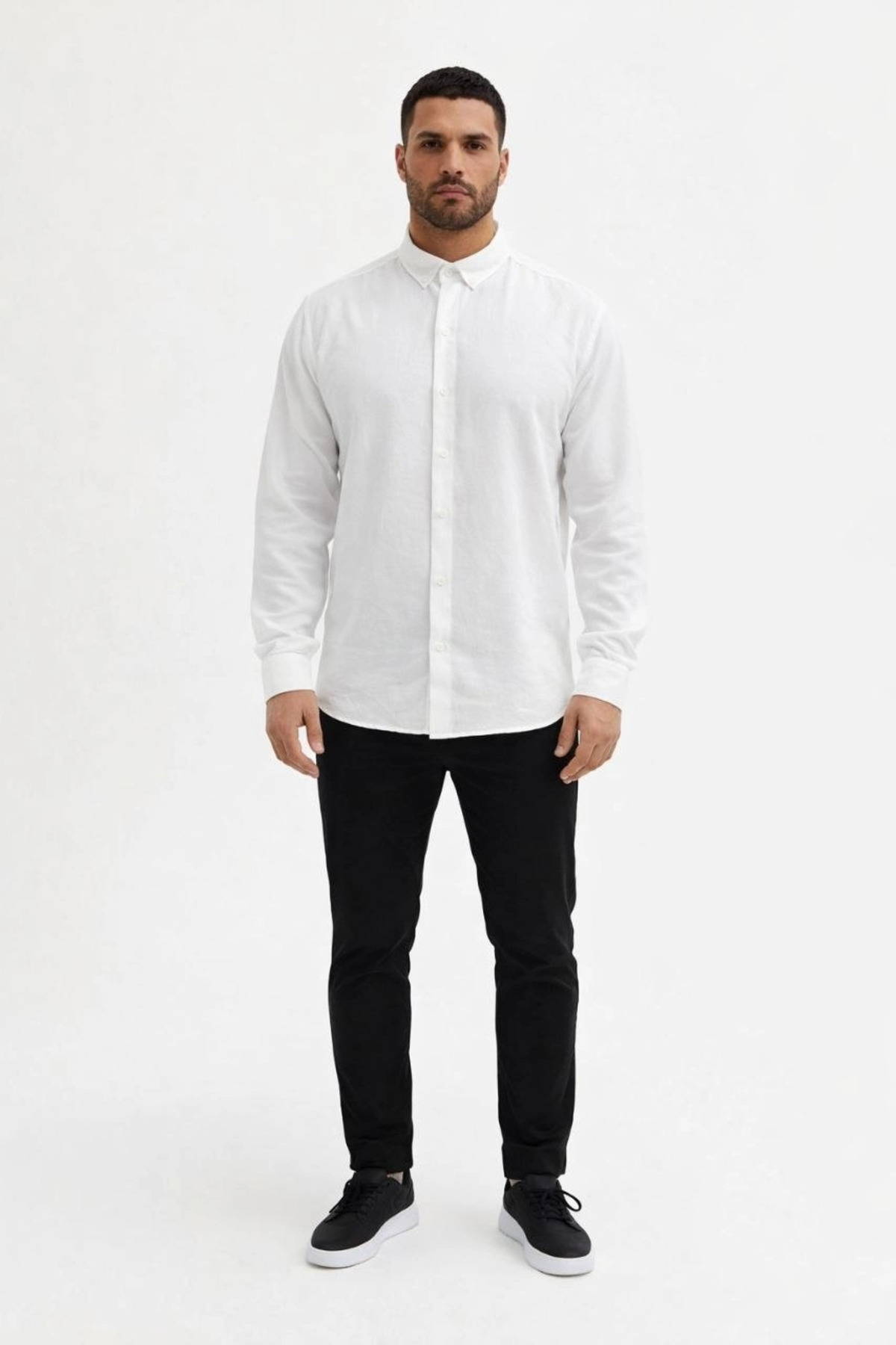 pilelistore Erkek KETEN Kumaş Oversize Uzun Kollu Rahat Kalıp Gömlek - Beyaz fotoğrafı 6 (önizleme)