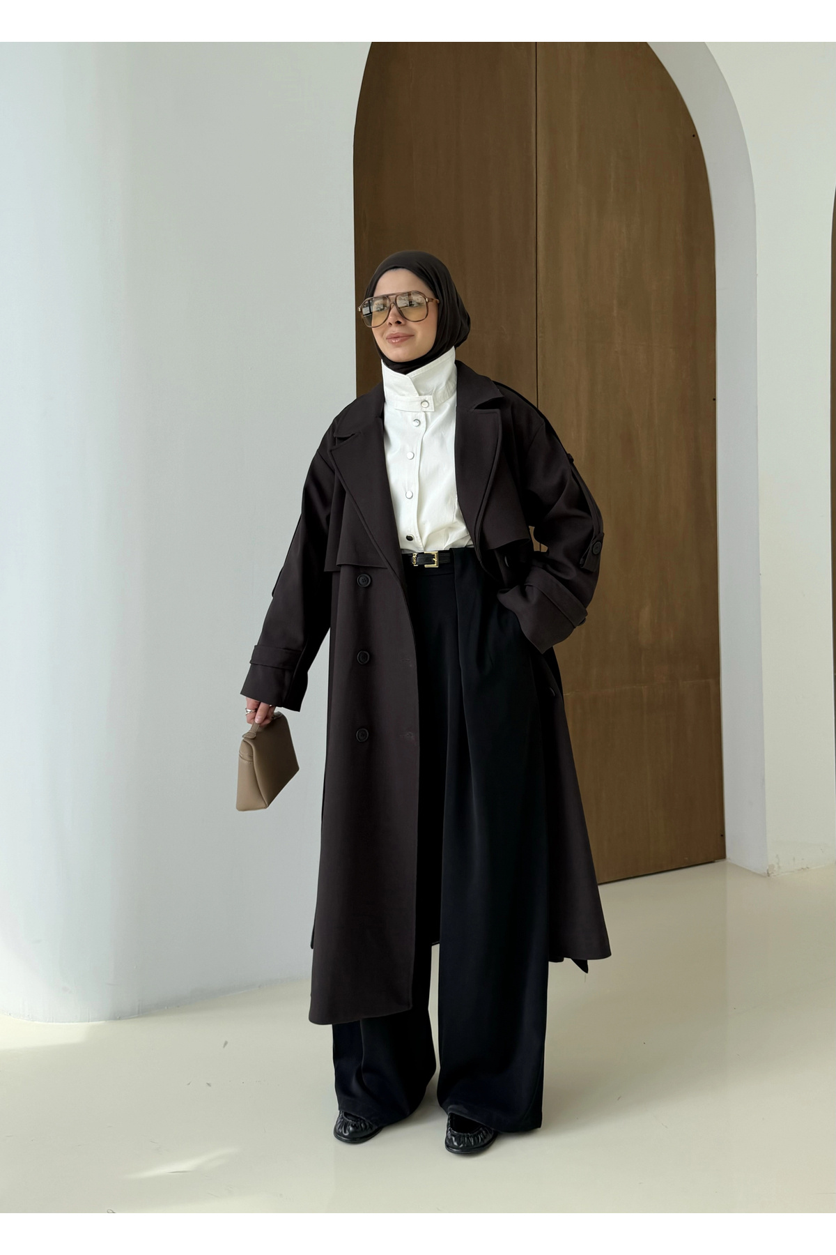 MODA AKSA 2045 Premium Poleviskon Uzun Salaş Trençkot Acı Kahve görsel 6