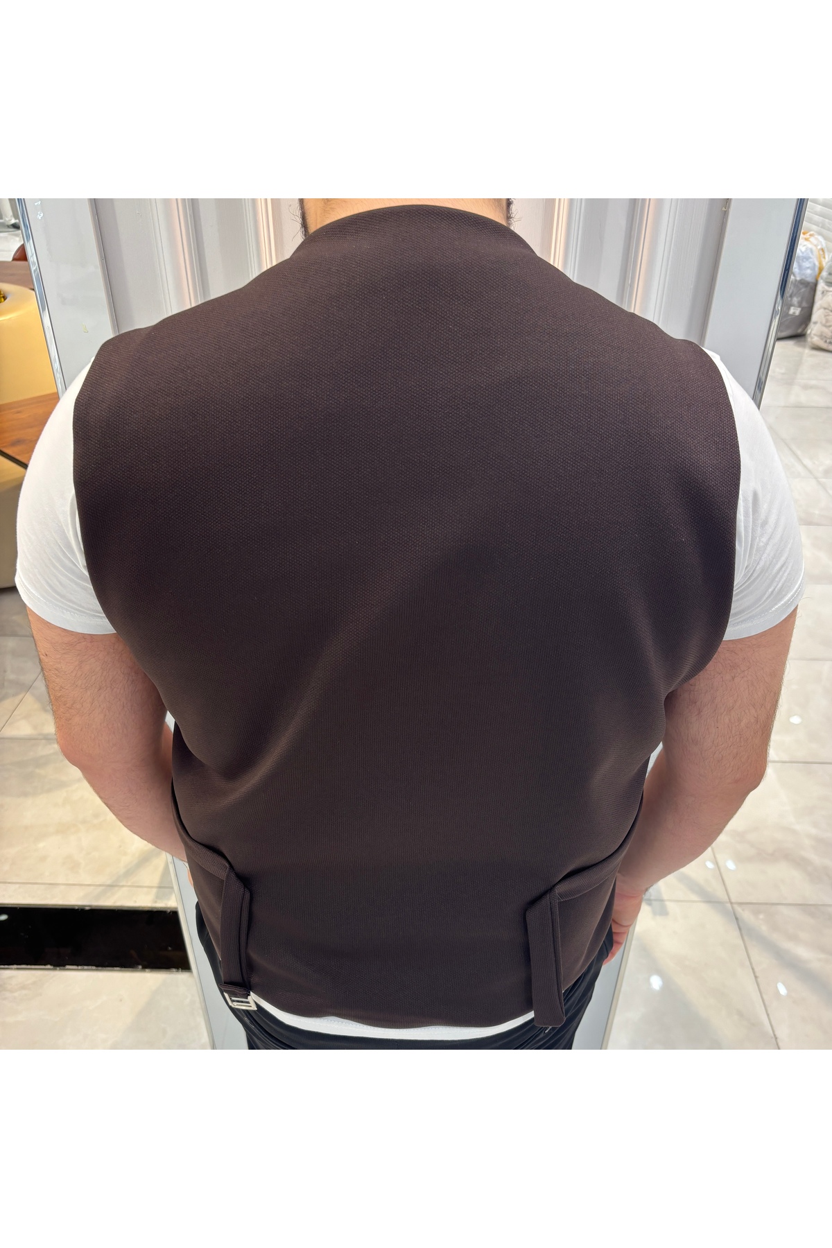 SABRİ ZENGİN Erkek Kahverengi V Yaka Slim Fit Komple Kumaş Yelek görsel 2