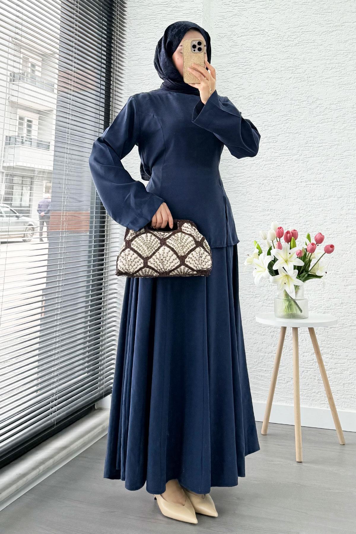 MELEK ARAZ Pinterest Soft Line Slit Detailed Skirt Set - Navy Blue