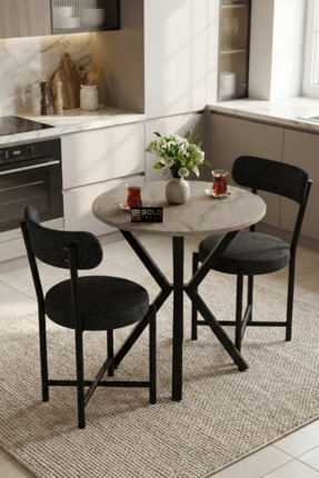 GOLDFALEZ Mutfak Masası 70 Çap 2 Sandalyeli Traverten Görünümlü Balkon Bahçe ...