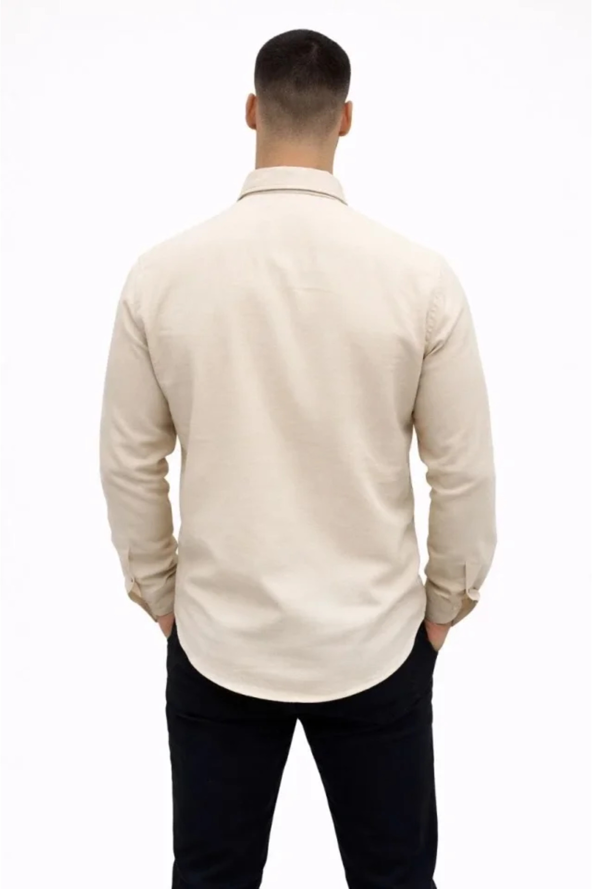 GETFAY Erkek KETEN Kumaş Oversize Uzun Kollu Rahat Kalıp Gömlek 10339-Bej fotoğrafı 4 (önizleme)