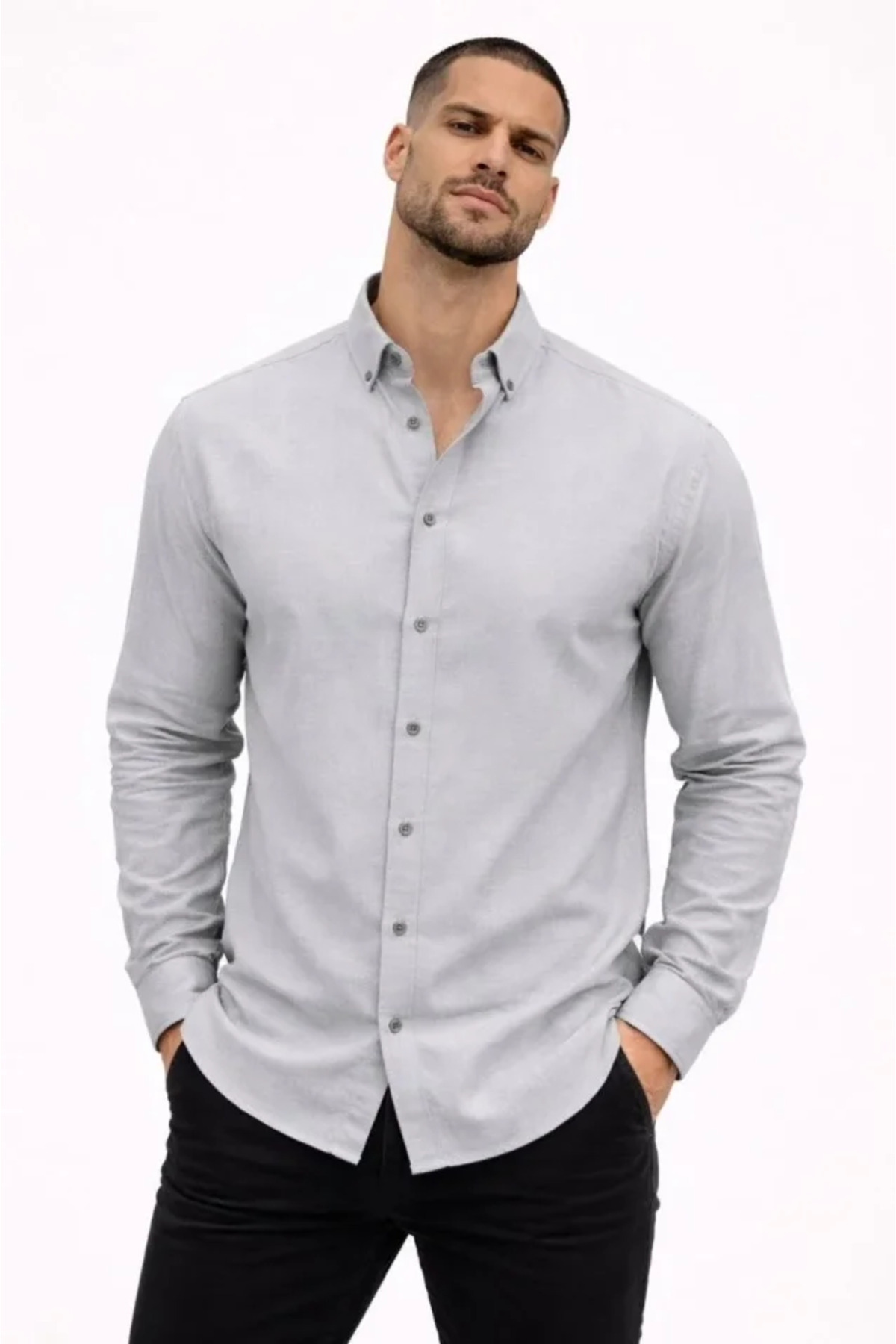 GETFAY Erkek KETEN Kumaş Oversize Uzun Kollu Rahat Kalıp Gömlek 10341-Boyalı Gri fotoğrafı 4 (önizleme)