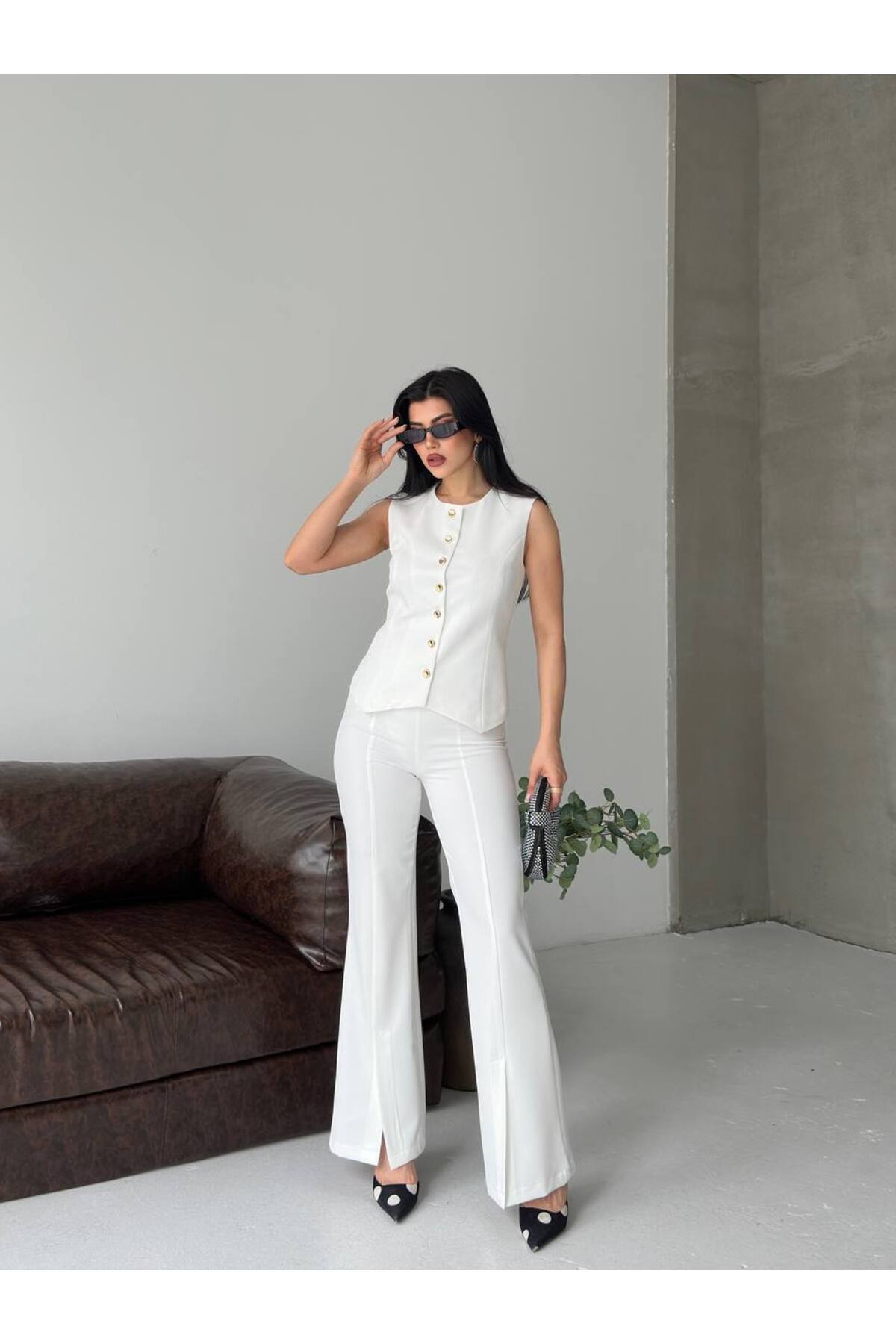 Women's Slit Hem Button Vest and Pants Two-Piece Set White - Görsel 6