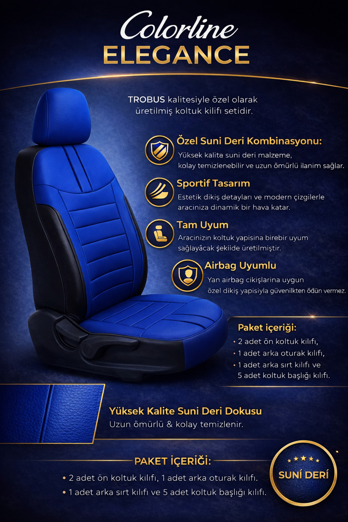 Subaru Xv 2012–2024 Colorline Elegance Serisi Deri Mavi Siyah Koltuk Kılıfı — alternatif görsel
