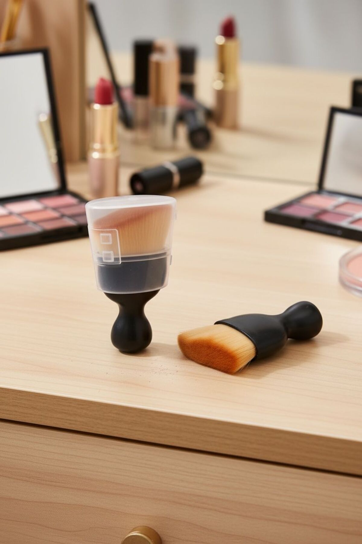 Kısa Eğimli Kontür Fırçası – Kapaklı Profesyonel Makyaj Fırçası