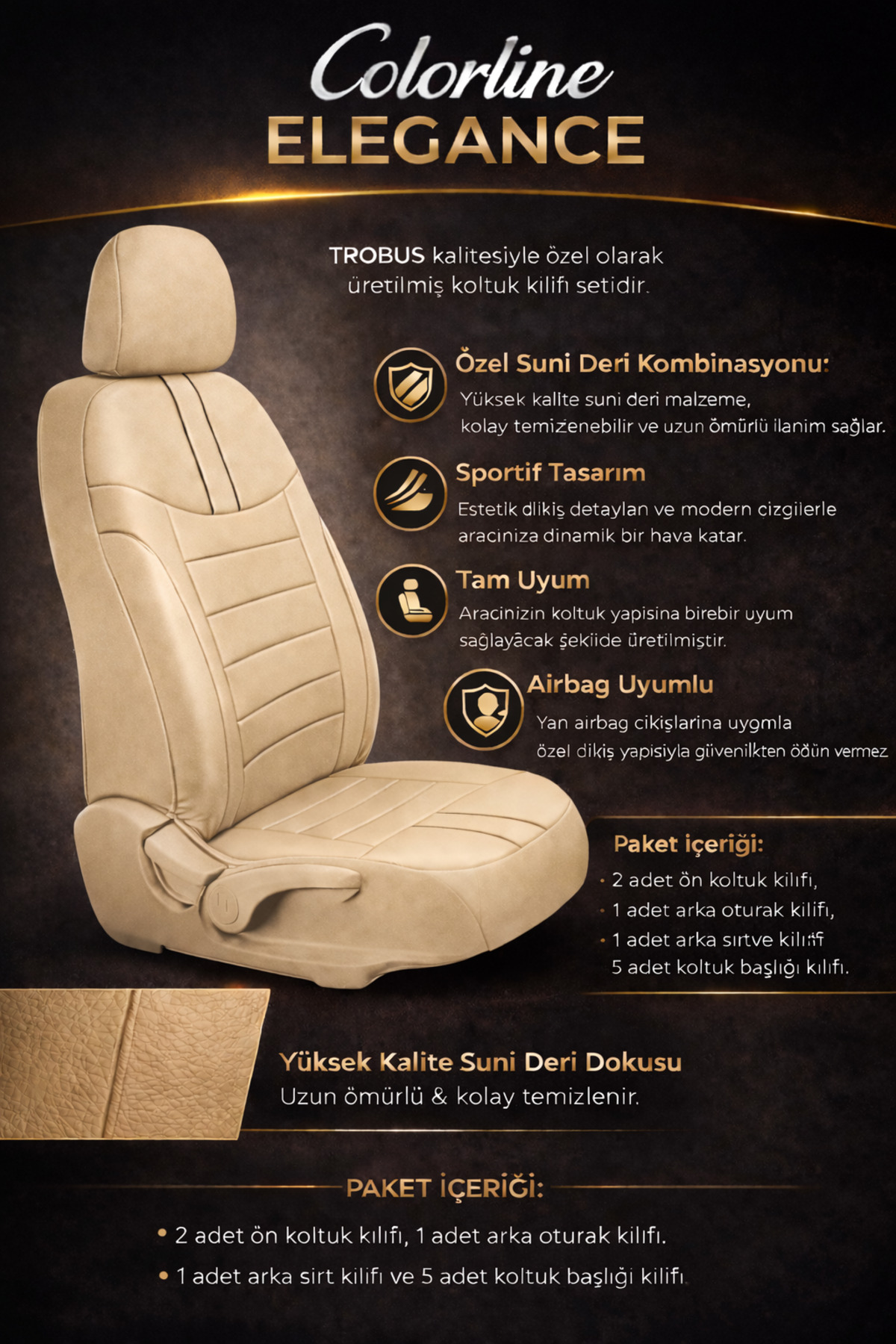 Suzuki S-Cross 2013 ve Sonrası Uyumlu Colorline Elegance Deri Bej Koltuk Kılıfı — alternatif görsel