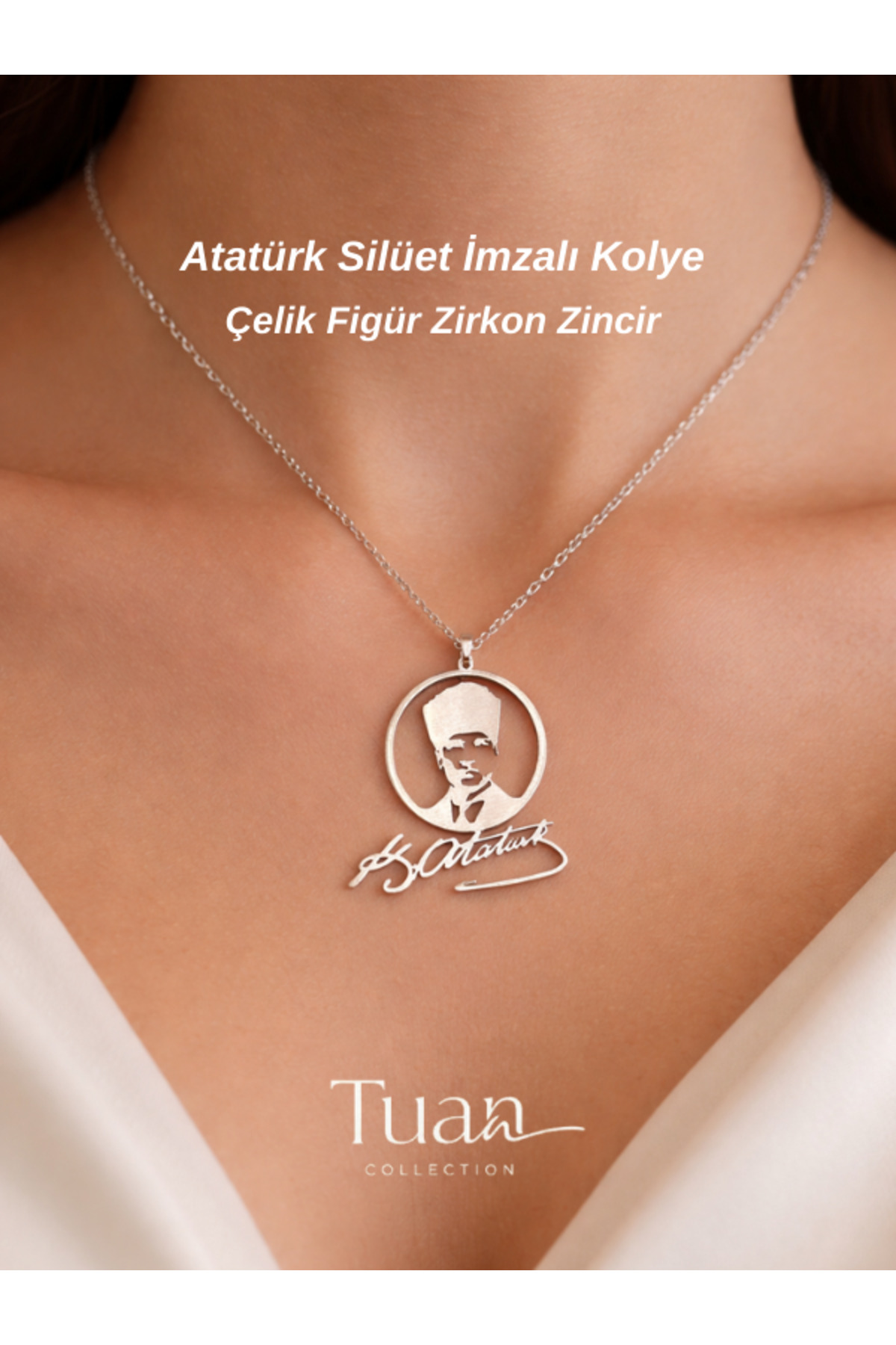 Tuan Collection Atatürk Portreli Atatürk İmzalı Çelik Sembol Zirkon Kaplama Lazer Kesim Kolye Gümüş