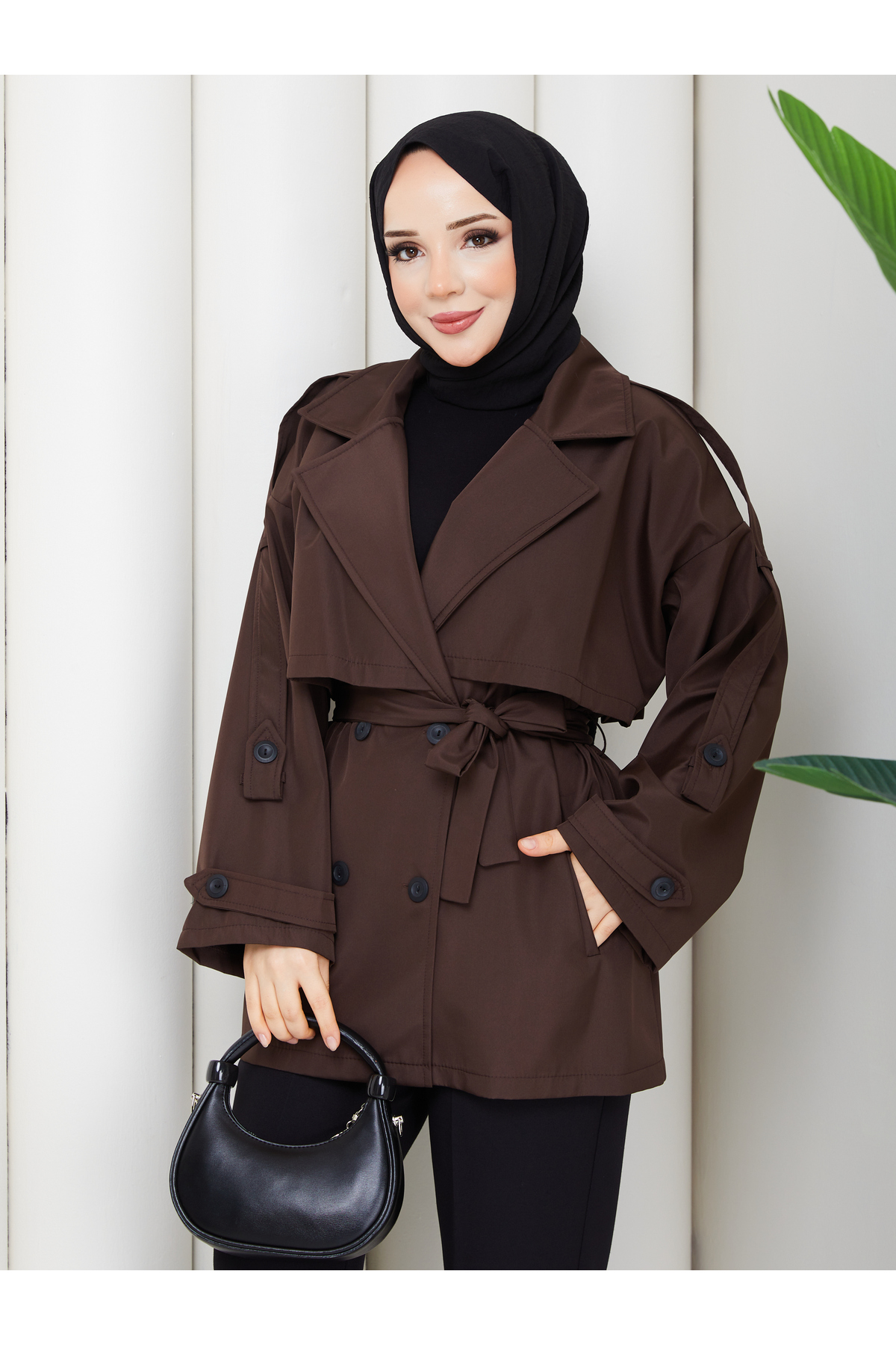 RACE FASHİON Düğme Detaylı Kemerli Oversize Bondit Trençkot RC803107 görsel 6