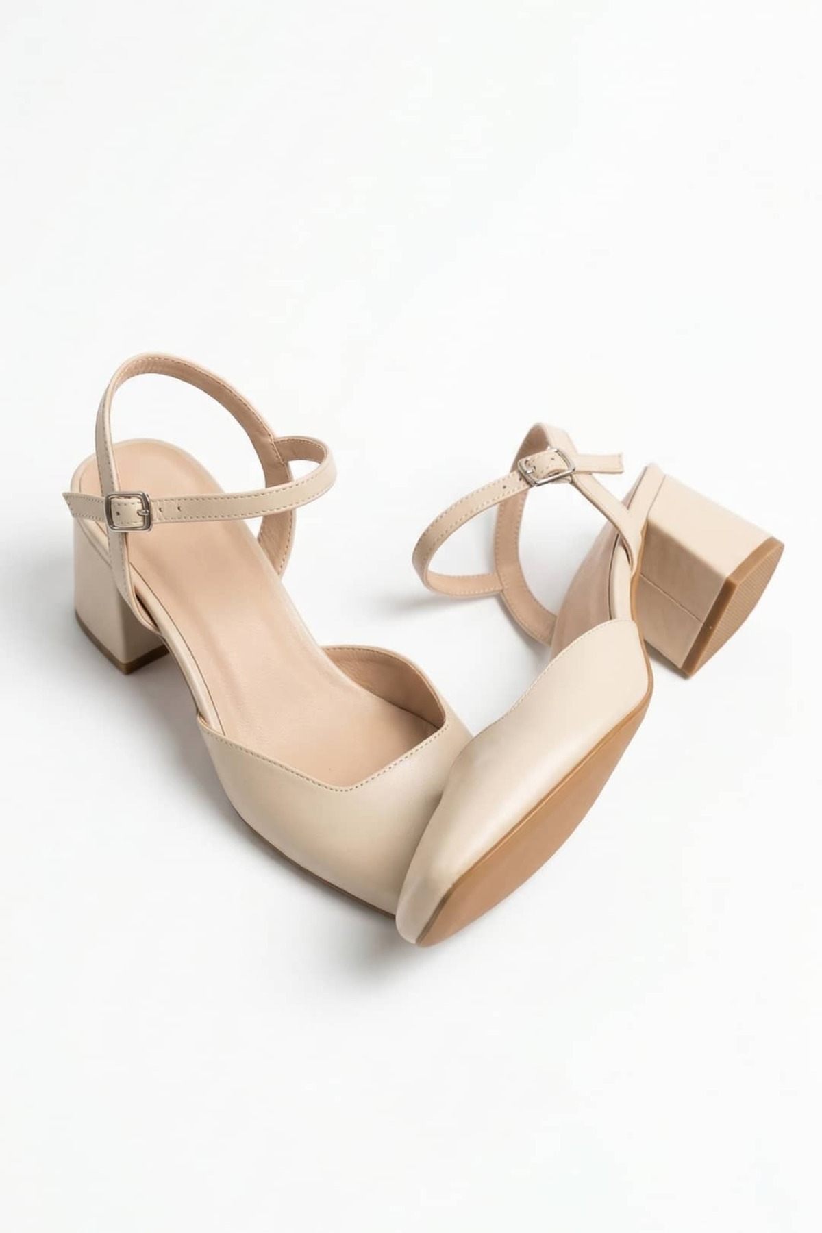 NAVİSHOES Ten Kadın Arkası Açık Küt Burun 7 cm Kalın Orta Topuklu Ayakkabı SB100NAV görsel 5