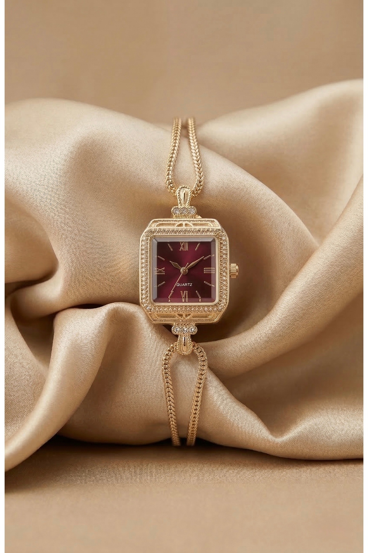 KLISHE Butik  Kadın Çelik Saat Gold Renk Bordo Kadran Vintage Kare Kasa Taşlı Lüks Zarif Şık Kadın Kol Saati 2026 - Görsel 7
