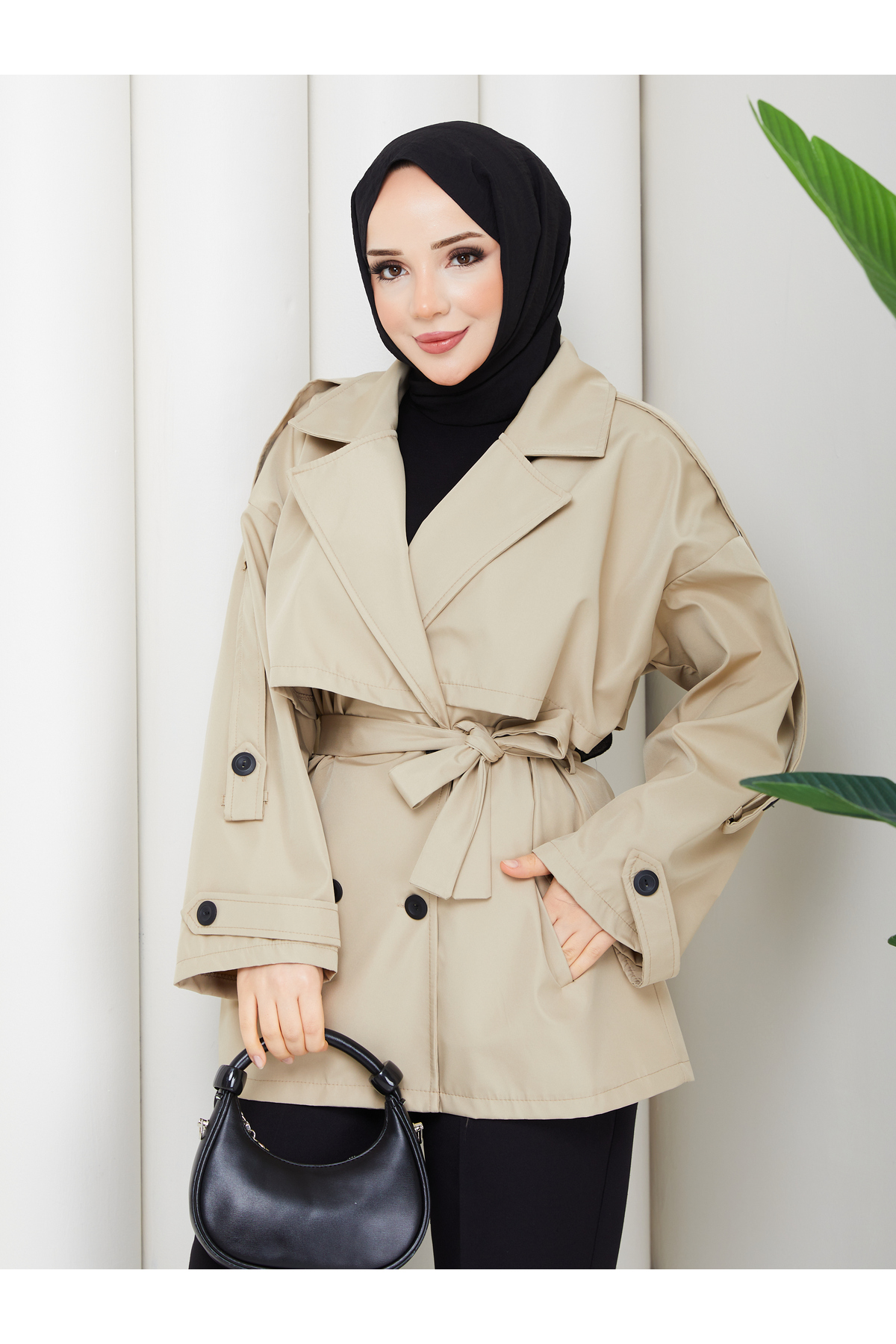 RACE FASHİON Düğme Detaylı Kemerli Oversize Bondit Trençkot RC803107 görsel 6