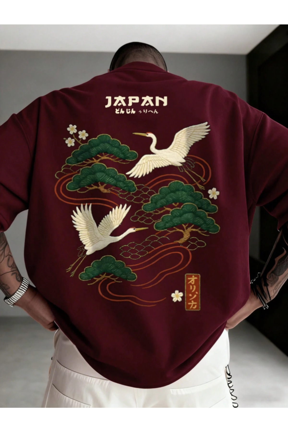 Revasser Unisex Kadın/Erkek JAPAN Özel Baskılı Oversize Penye Bisiklet Yaka T-Shirt