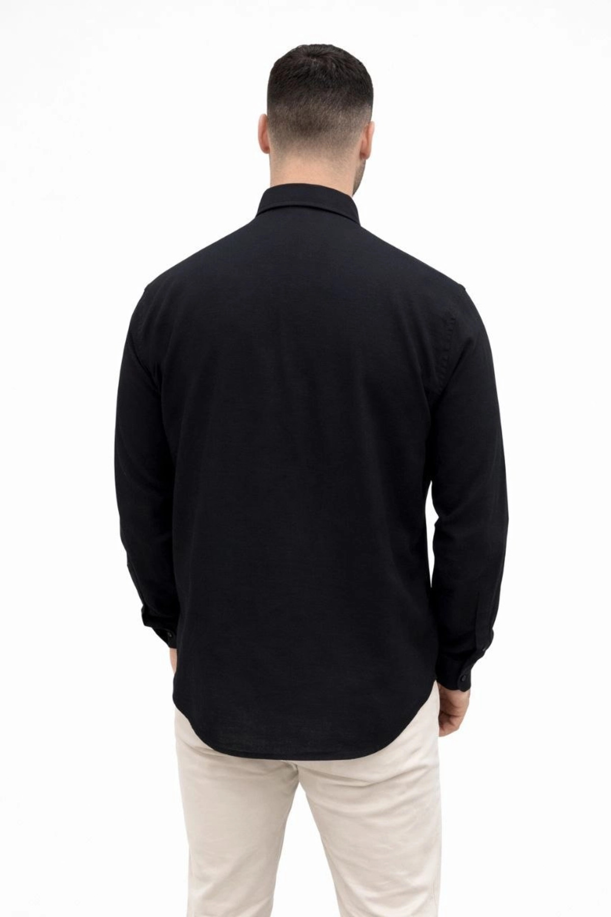pilelistore Erkek KETEN Kumaş Oversize Uzun Kollu Rahat Kalıp Gömlek - Siyah fotoğrafı 4 (önizleme)