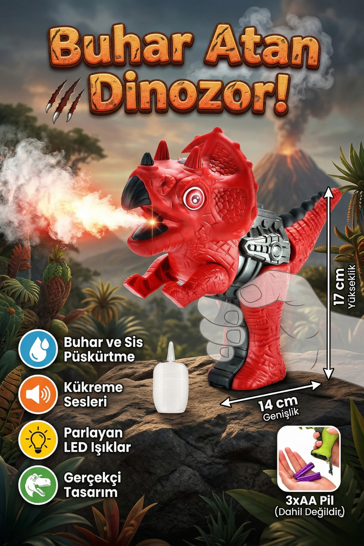 craftivio Işıklı ve Kükreme Sesli Buhar Atan Kırmızı Dinozor