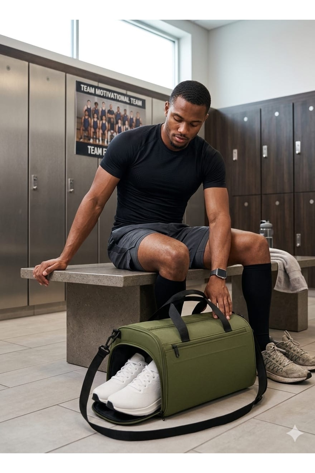 içten  Haki Yeşil Önü Cepli Ayakkabı Bölmeli Geniş Bavul Seyahat Gym Fitness El ve Spor Çantası - Görsel 3