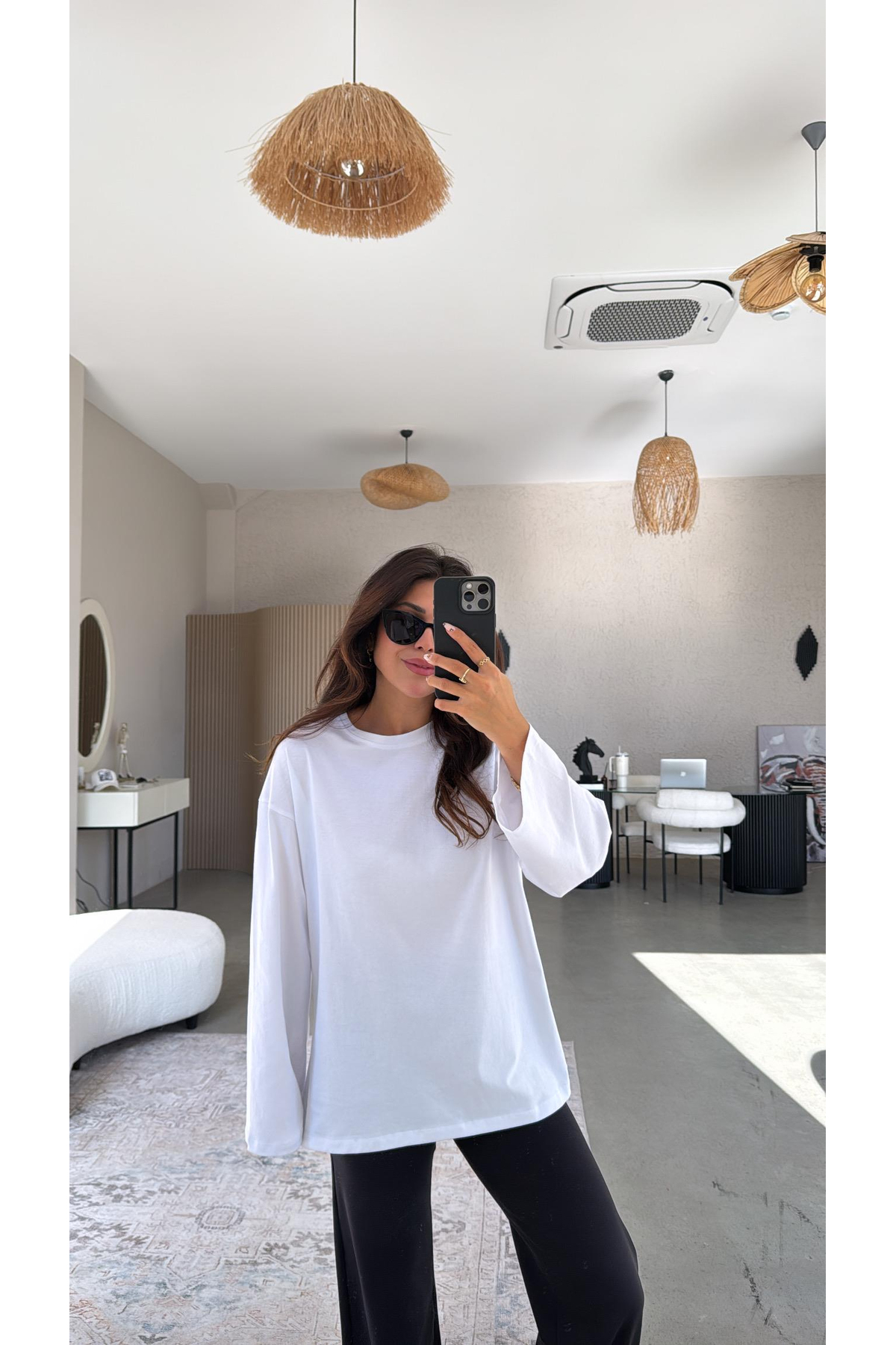 ELİSSE  Kadın 2’li Set Oversize Basic Uzun Kollu Tişört Beyaz Siyah Salaş Rahat Kalıp - Görsel 2