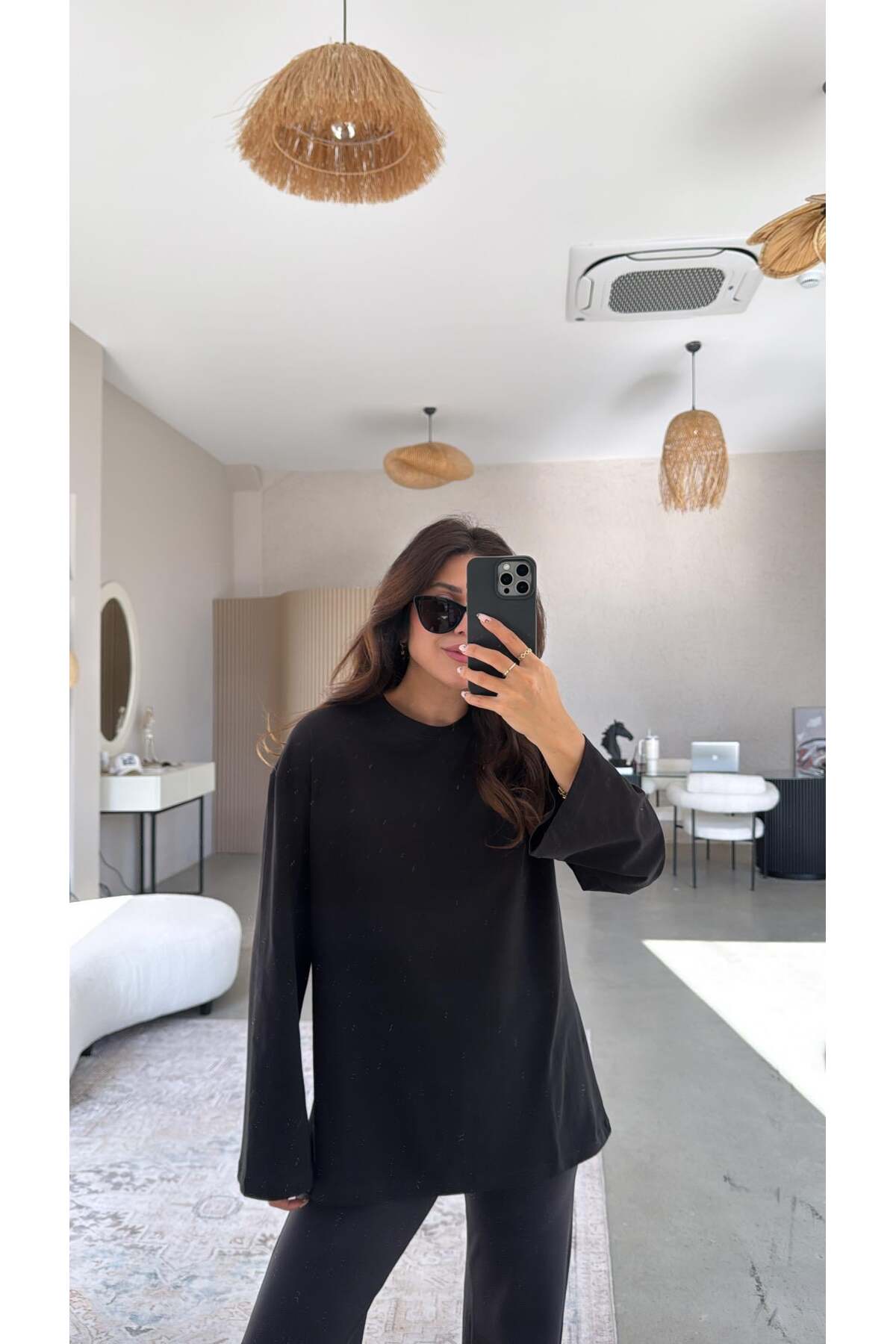 ELİSSE  Kadın 2’li Set Oversize Basic Uzun Kollu Tişört Beyaz Siyah Salaş Rahat Kalıp - Görsel 3