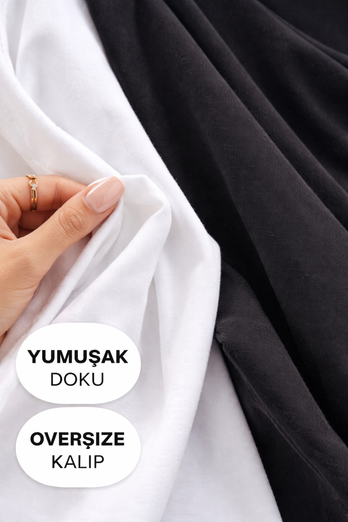 ELİSSE  Kadın 2’li Set Oversize Basic Uzun Kollu Tişört Beyaz Siyah Salaş Rahat Kalıp - Görsel 6