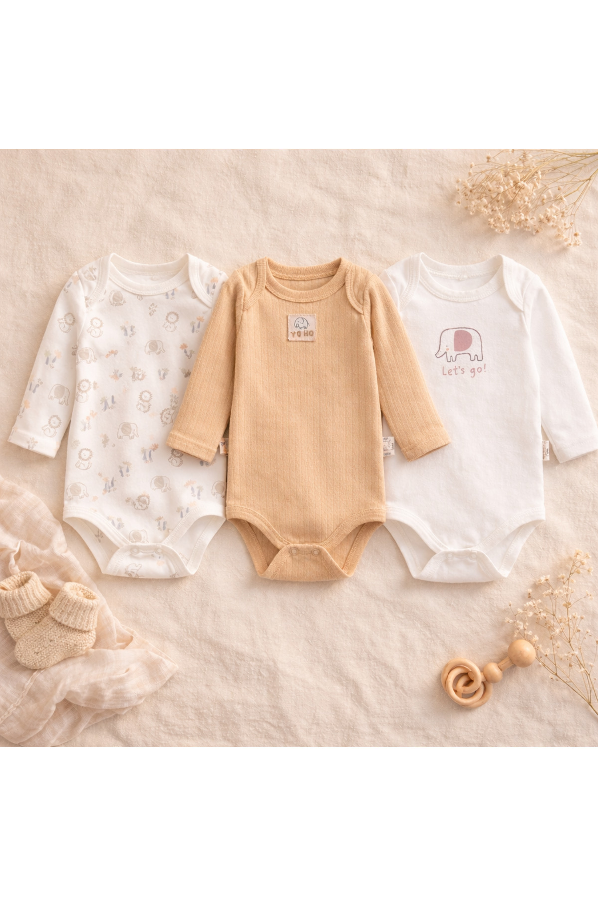 Necix's %100 Pamuk 3'lü Erkek Bebek Body Seti Uzun Kollu Yumuşak Nefes Alabilir Mevsimlik Zıbın fotoğrafı 3 (önizleme)
