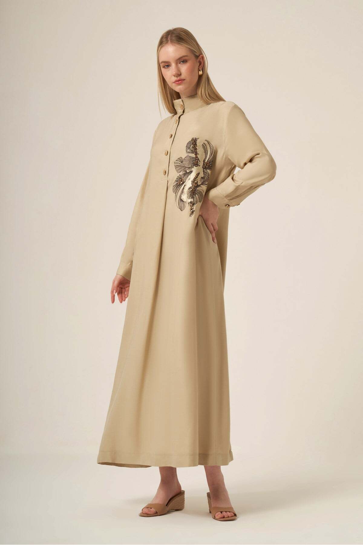 FTZ WOMEN Women's Oversize Embroidered Dress Beige 31336