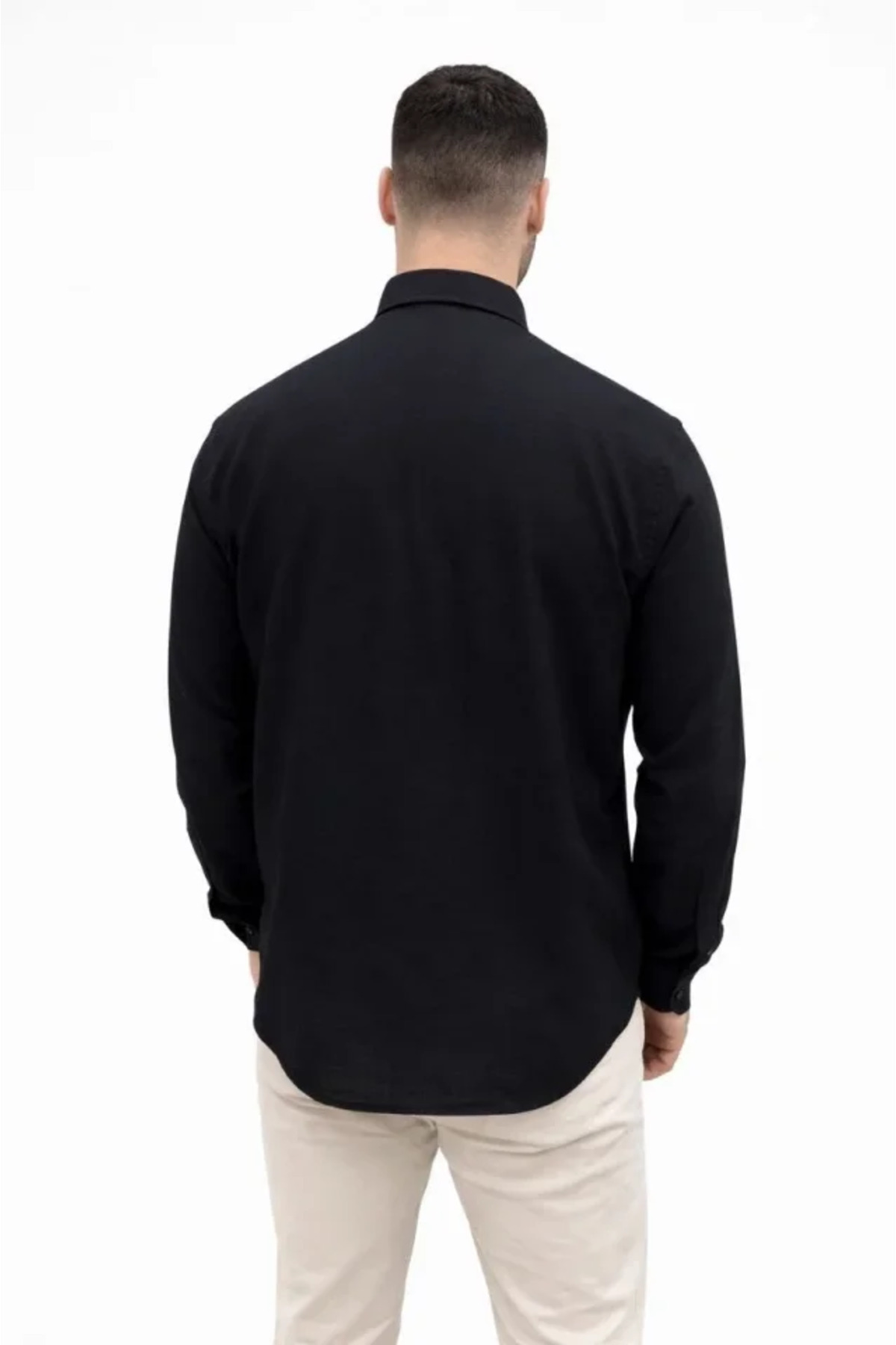 GETFAY Erkek KETEN Kumaş Oversize Uzun Kollu Rahat Kalıp Gömlek 10338-Siyah fotoğrafı 4 (önizleme)