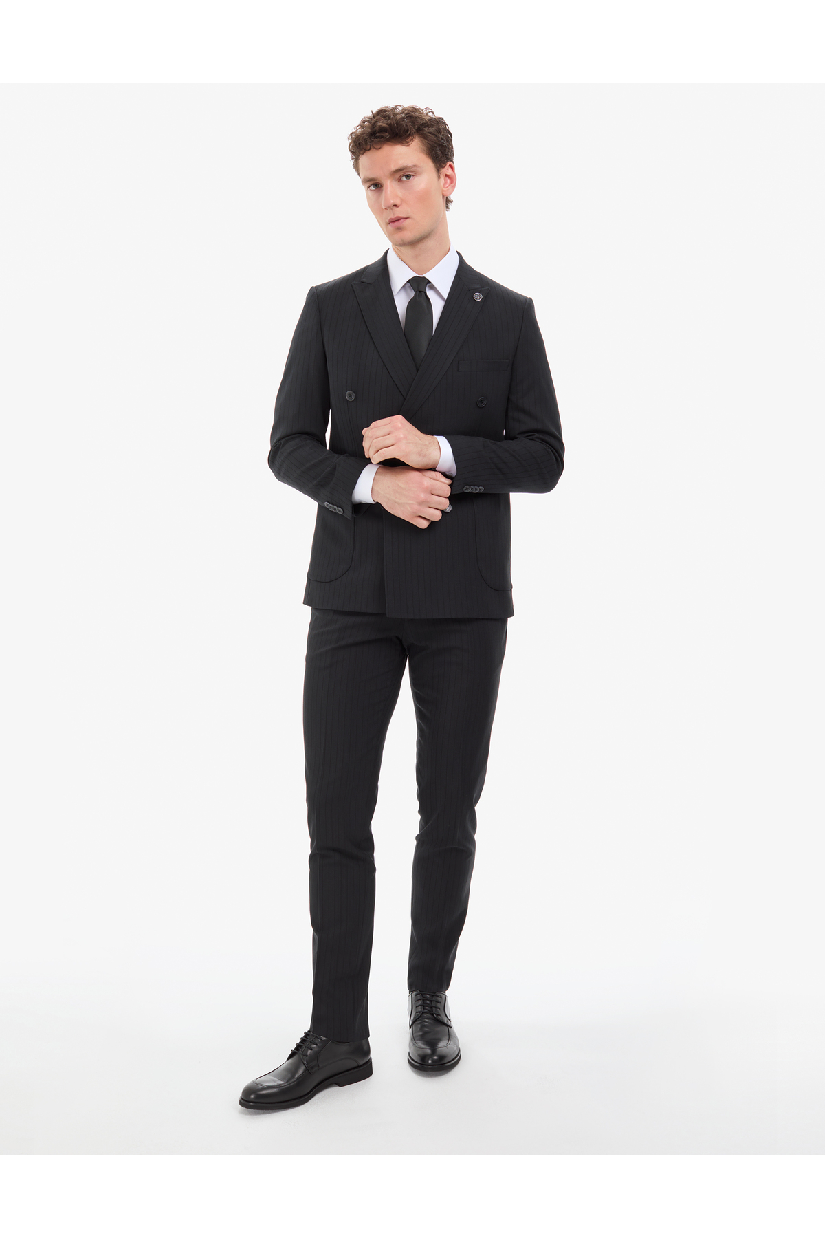 Pierre Cardin Black Extra Slim Fit Striped Double Breasted Suit 50316758-Vr046