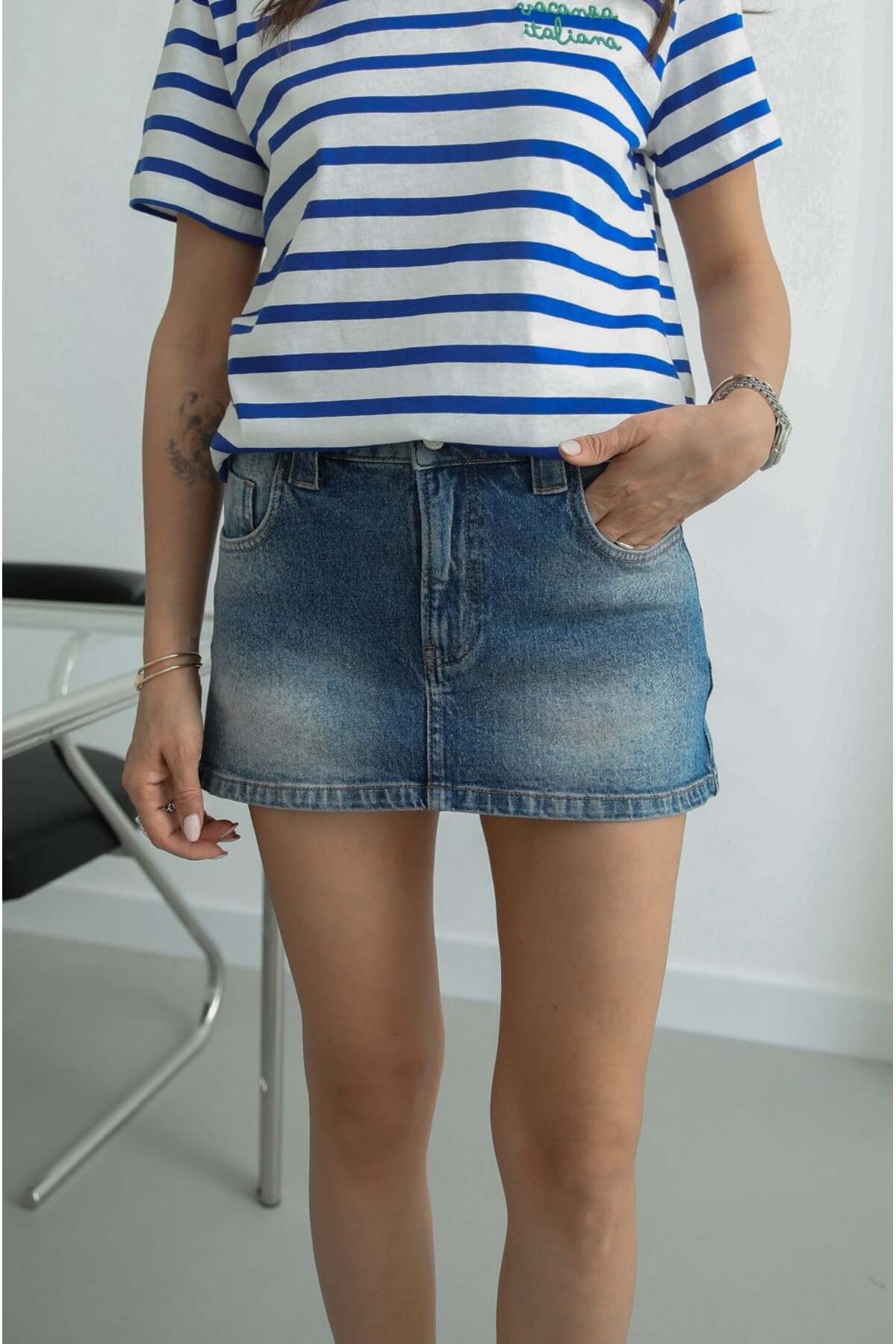 Havoş Mavi Yıkamalı Mini Denim Şort Etek görsel 8