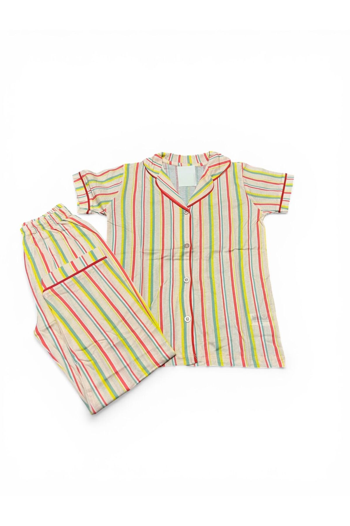 SERRASTIL Kız Çocuk Renkli Çizgili Krem Rengi Pamuklu Kısa Kollu Pijama Takımı fotoğrafı 4 (önizleme)