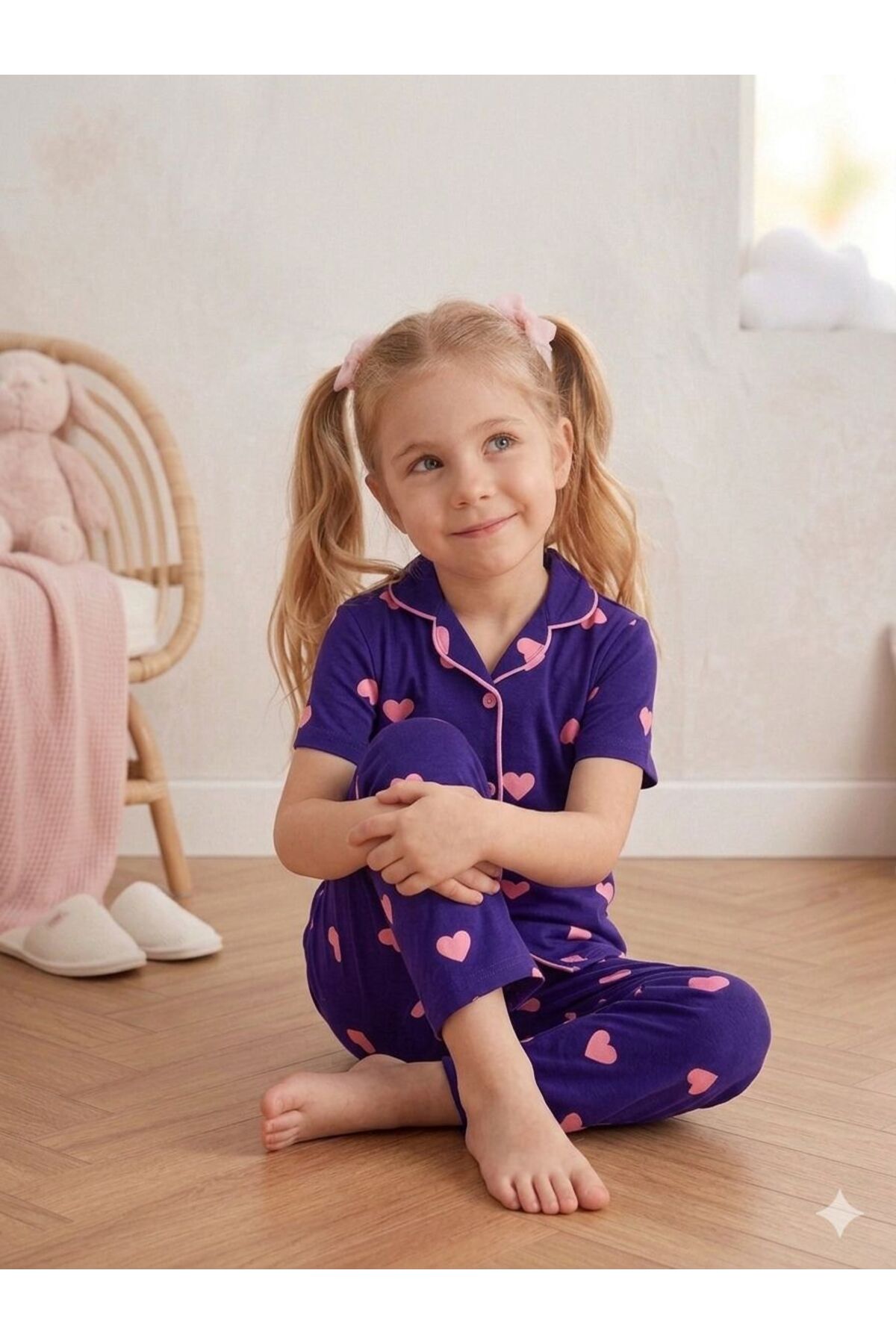 SERRASTIL Kız Çocuk Mor Renkli Kalp Desenli Pamuklu Kısa Kollu Pİjama Takımı fotoğrafı 2 (önizleme)