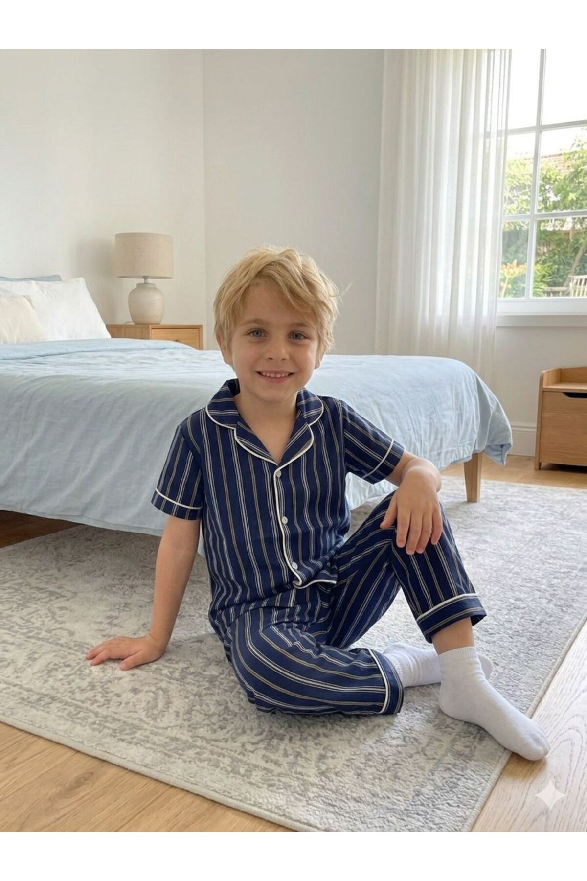 SERRASTIL Erkek Çocuk Lacivert Renk Çizgili Pamuklu Kısa Kollu Pijama Takımı fotoğrafı 2 (önizleme)